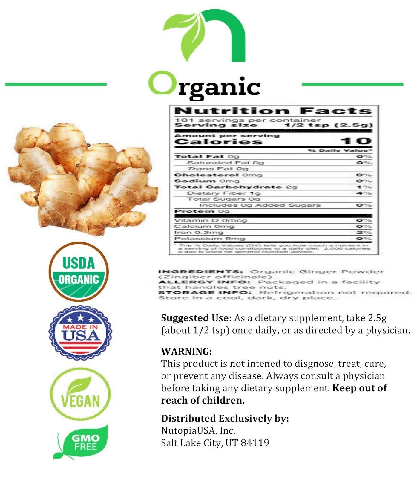 1 lb (16 OZ)Organic Ground Ginger Root Powder, Non-GMO, Kosher. FREE SHIPPING!!!