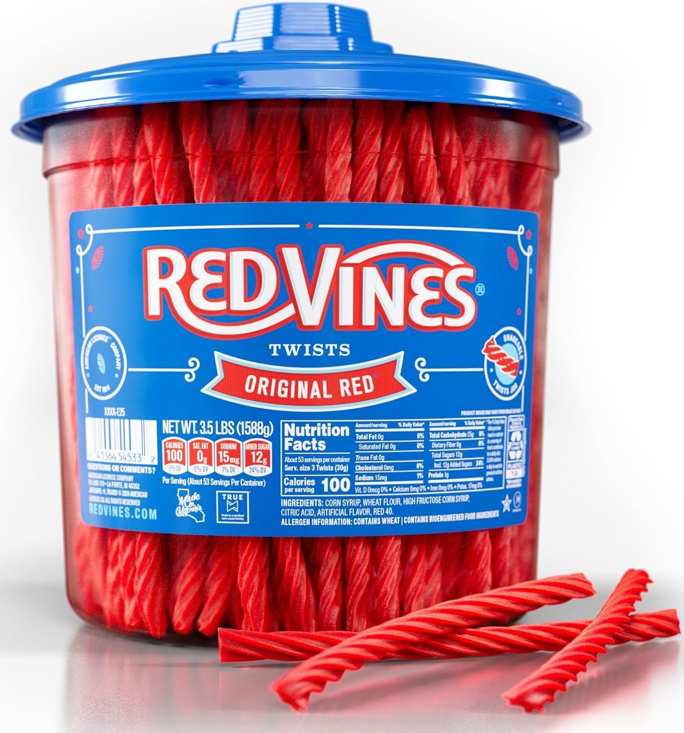 Red Vines Licorice Candy Original Flavor Soft 3.5 lbs (Single Jar)