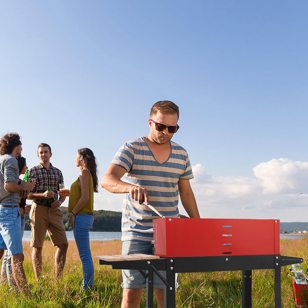 Compact Heavy-Duty Charcoal Grill with Adjustable Height & Ample Storage Table