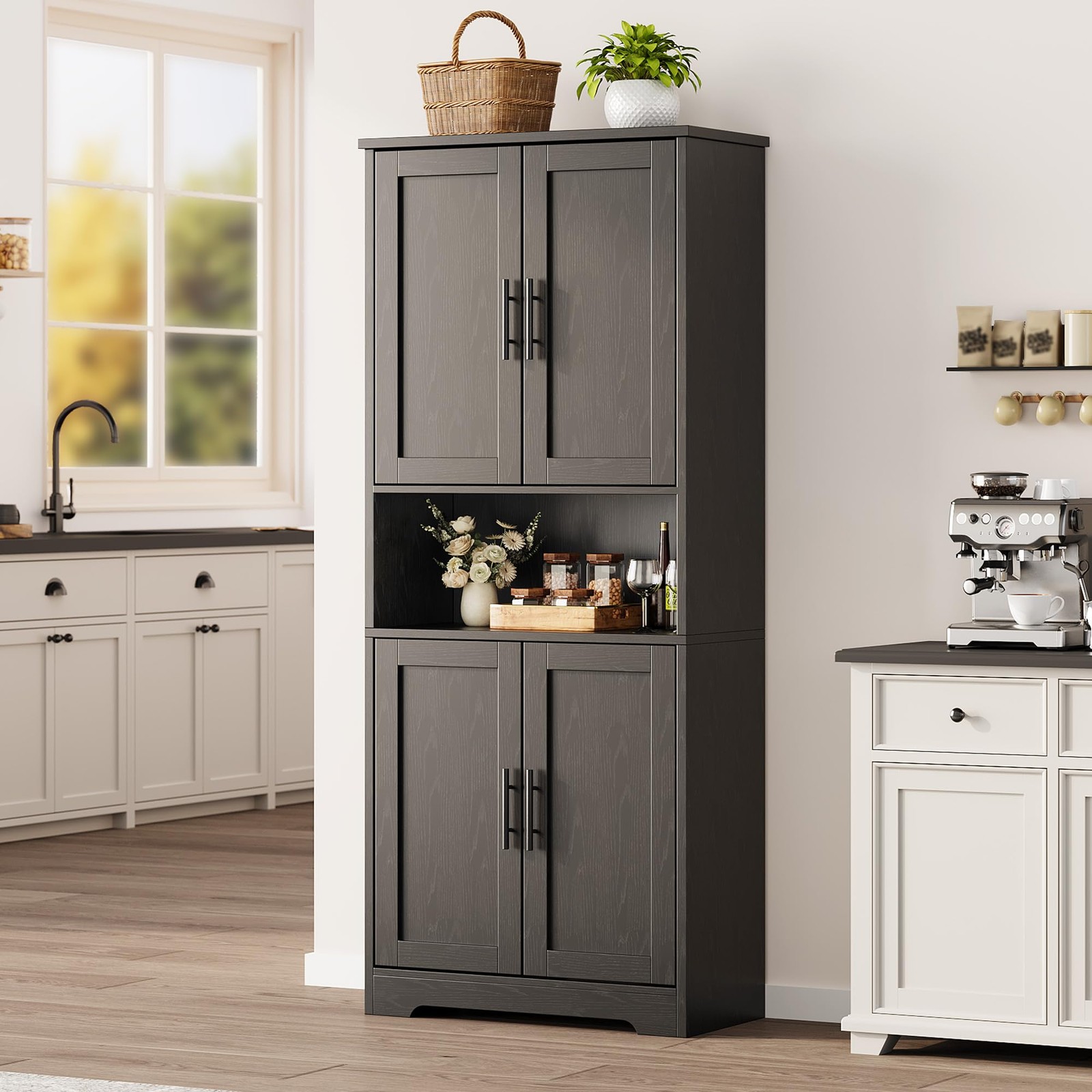 70” Tall Kitchen Pantry Cabinet Freestanding Storage Cabinet Adjustable Shelves