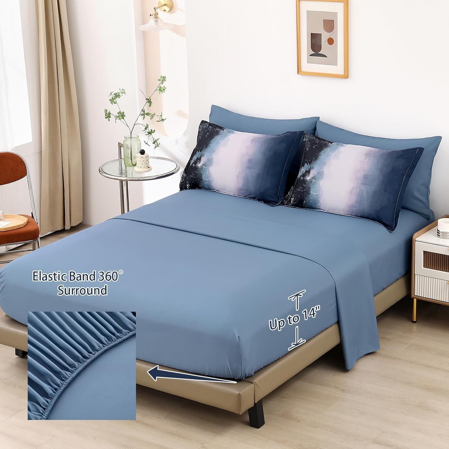 Ombre Blue Comforter Set Queen – 7 Piece Boho Bedding for Teens & Adults
