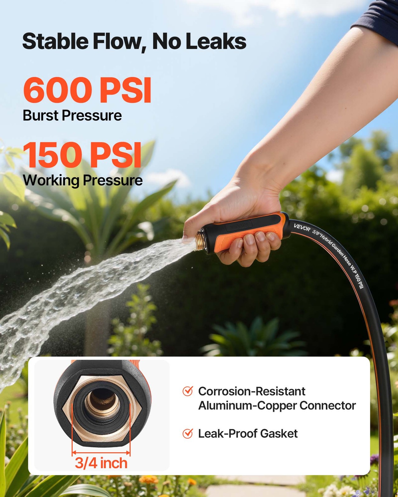 VEVOR Garden Hose 100ft 5/8″ Rubber Water Hose 3/4″Fitting Heavy Duty & Non-kink