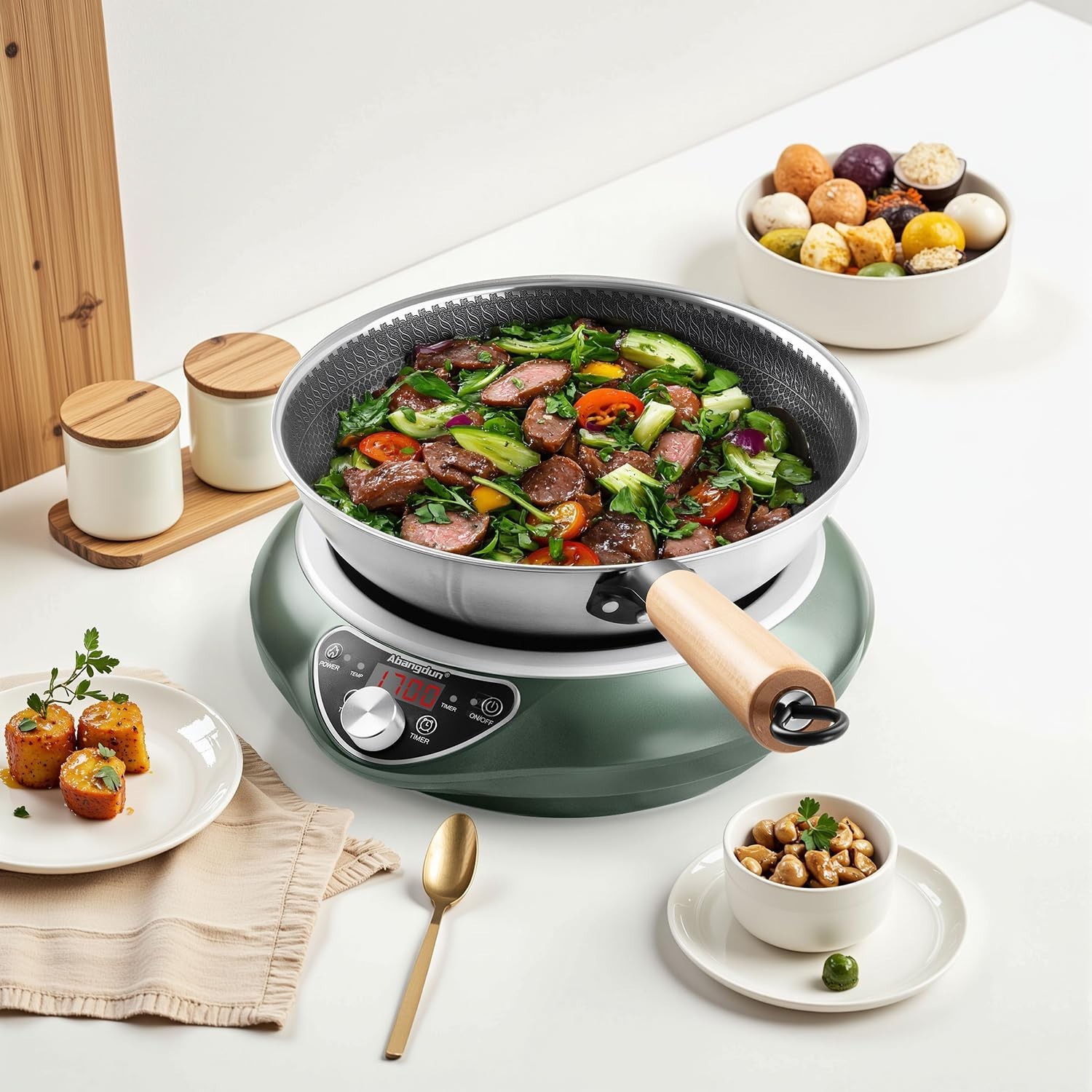 Abangdun 1700W 100V～185V Induction Cooktop Wok With Pan Electric Stove Burner
