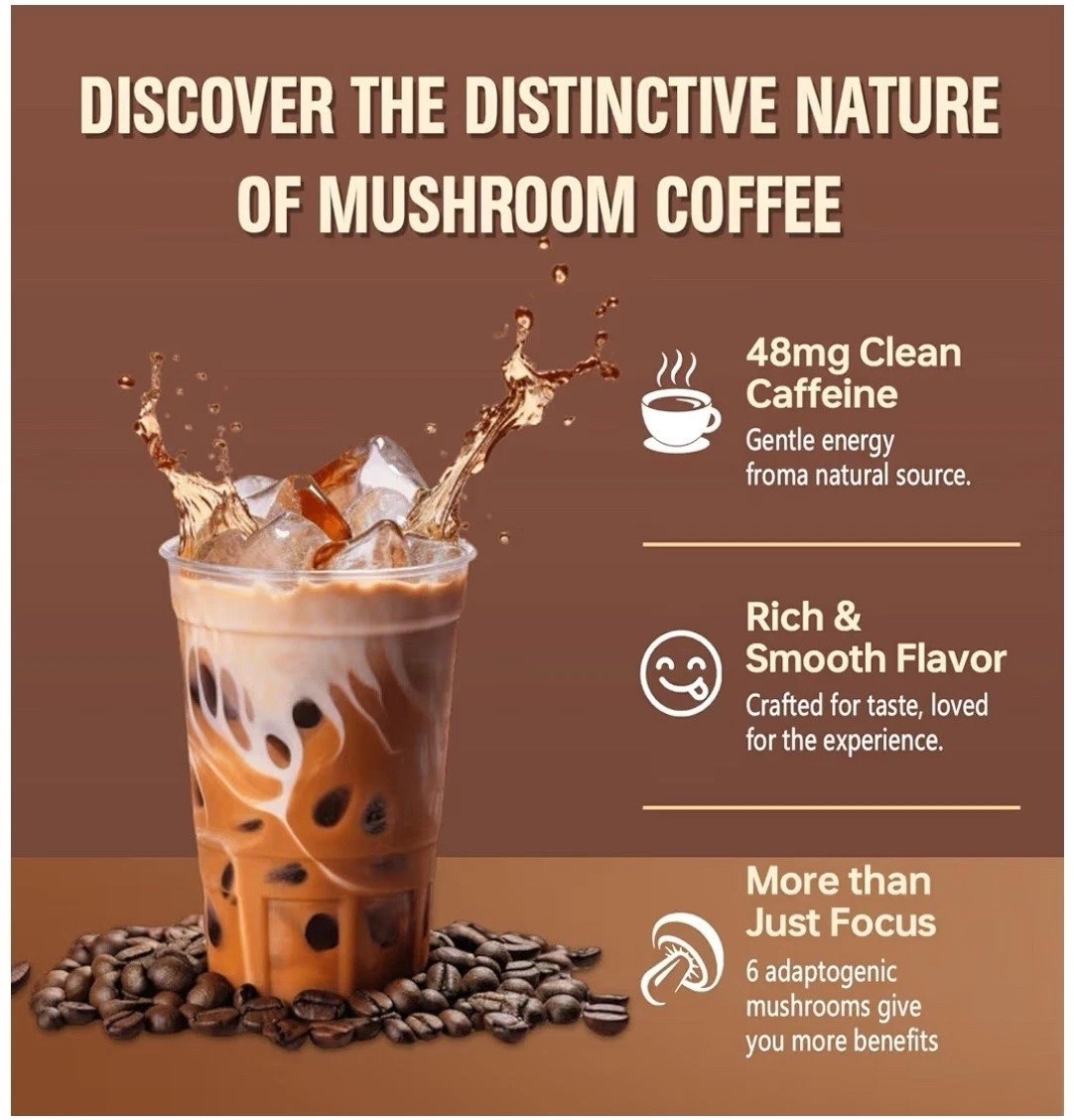 Organic Mushroom Coffee 30 Servings – 6 Mushroom Blend for Focus & Energy