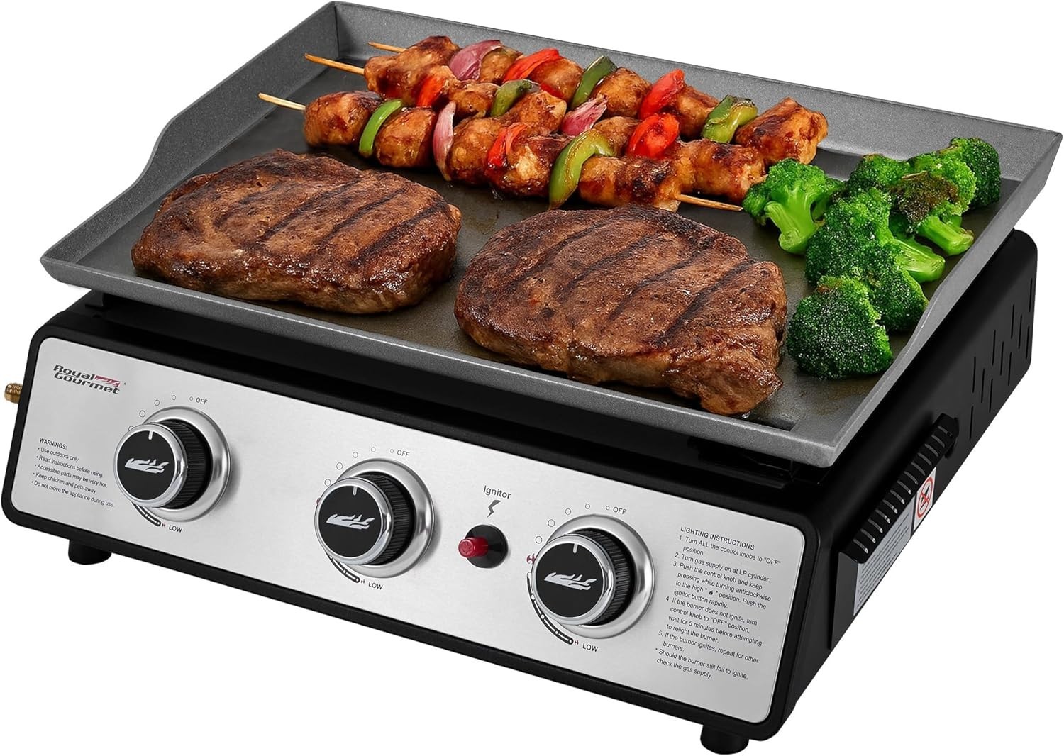 Royal Gourmet PD1301S Portable 3-Burner Tabletop Gas Griddle, 25,500 BTU