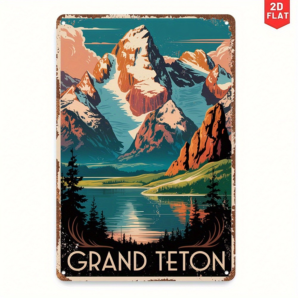 Grand Teton National Park Retro Metal Sign Mountain Landscape Travel Wall Decor