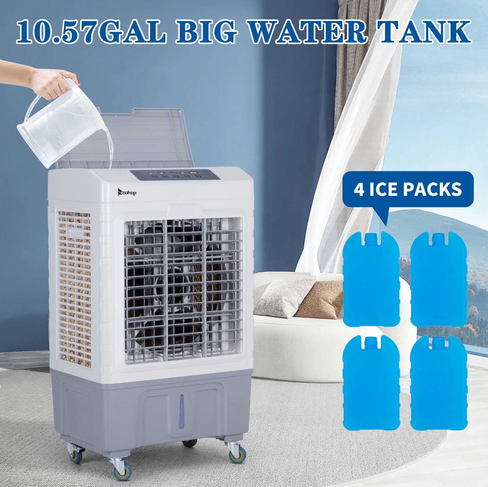 3-in-1 Evaporative Air Cooler, Portable Swamp Cooler with 10.57Gallon Reservoir
