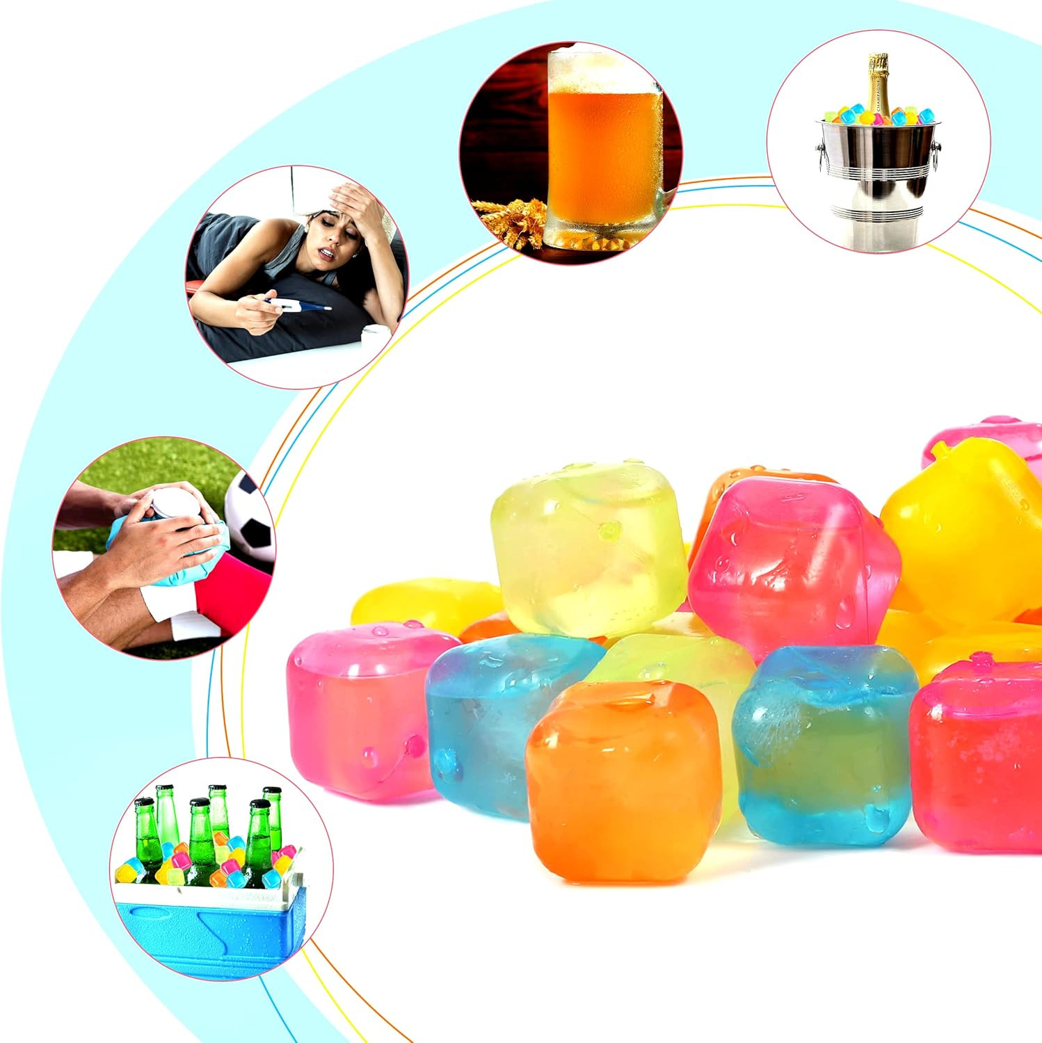 Reusable Ice Cube Plastic Ice Cubes 65 Pack Colorful Refreezable Ice Cubes for D