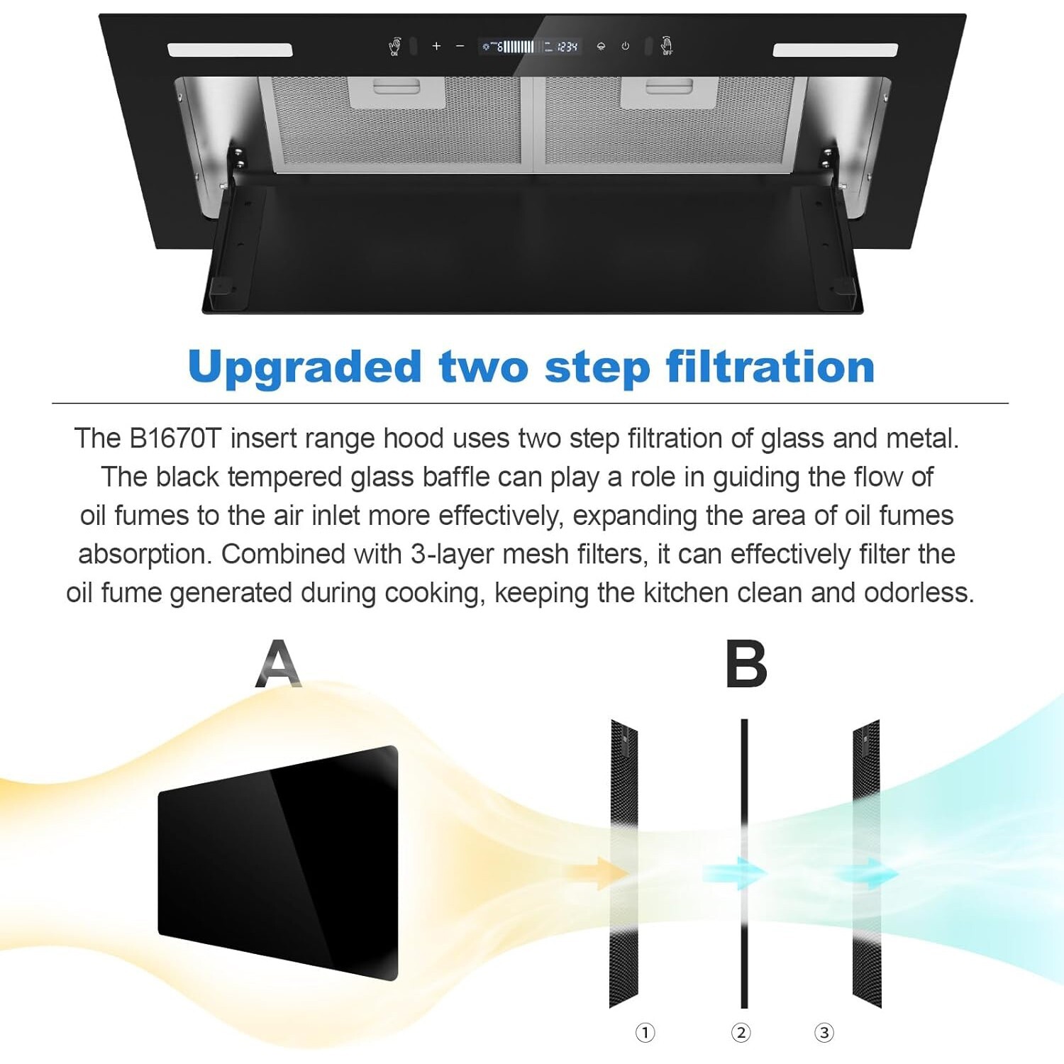 30in Built-in Insert Range Hood 900CFM Tempered Glass Kitchen Vent w/LED New