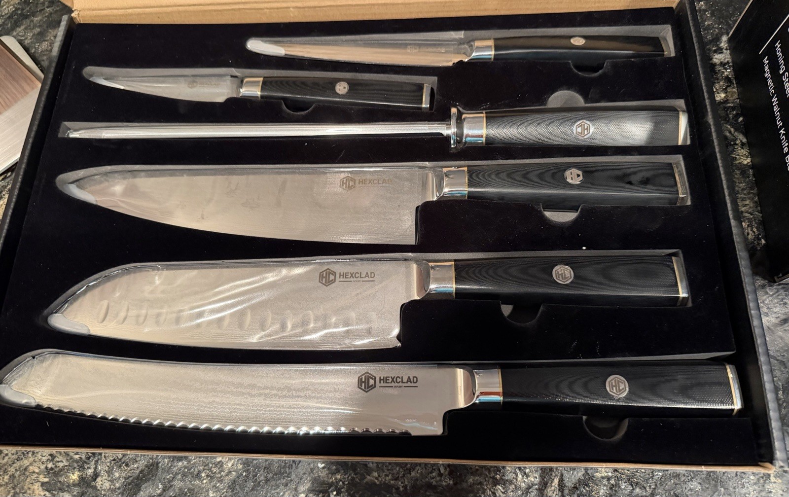WEEKEND SPECIAL HexClad Damascus Steel 7-Piece Knife Set w Magnetic Walnut Block