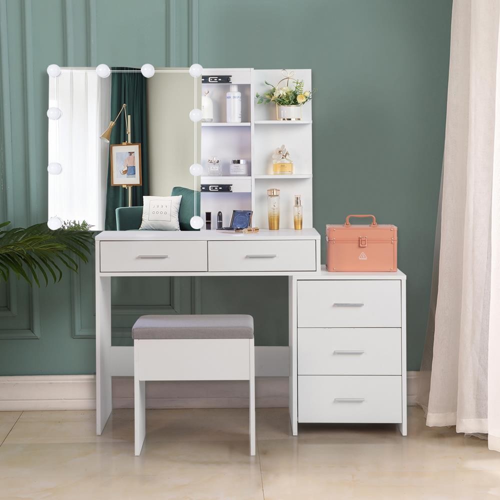 5 Drawers Vanity Desk Set with Large LED Lighted Mirror for Bedroom Makeup Dress