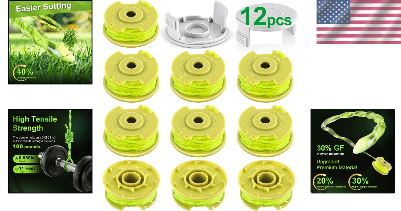 Ryobi Compatible Weed Wacker String – 0.08” Trimmer Line, 10 Spools + 2 Covers