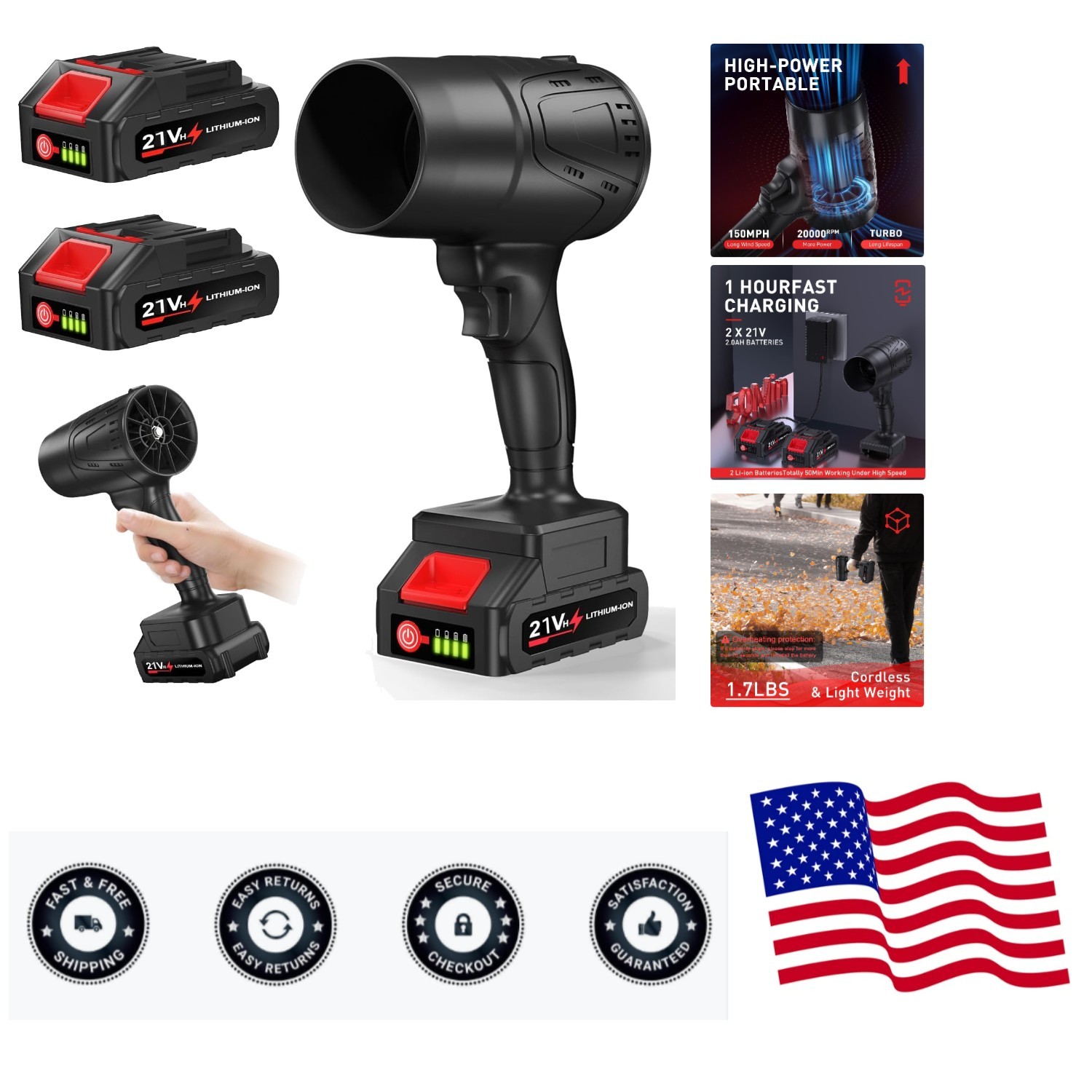 Lightweight Portable Leaf Blower with 21V Batteries – Powerful 150MPH Airflow