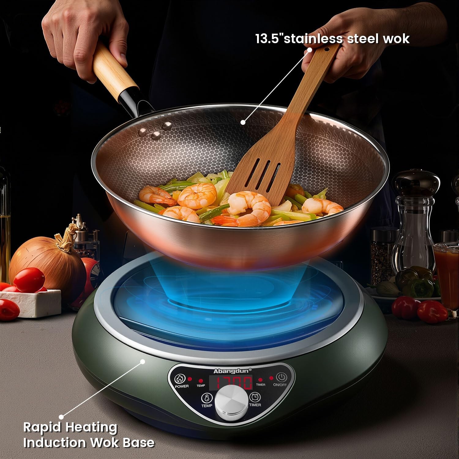 Abangdun 1700W 100V～185V Induction Cooktop Wok With Pan Electric Stove Burner