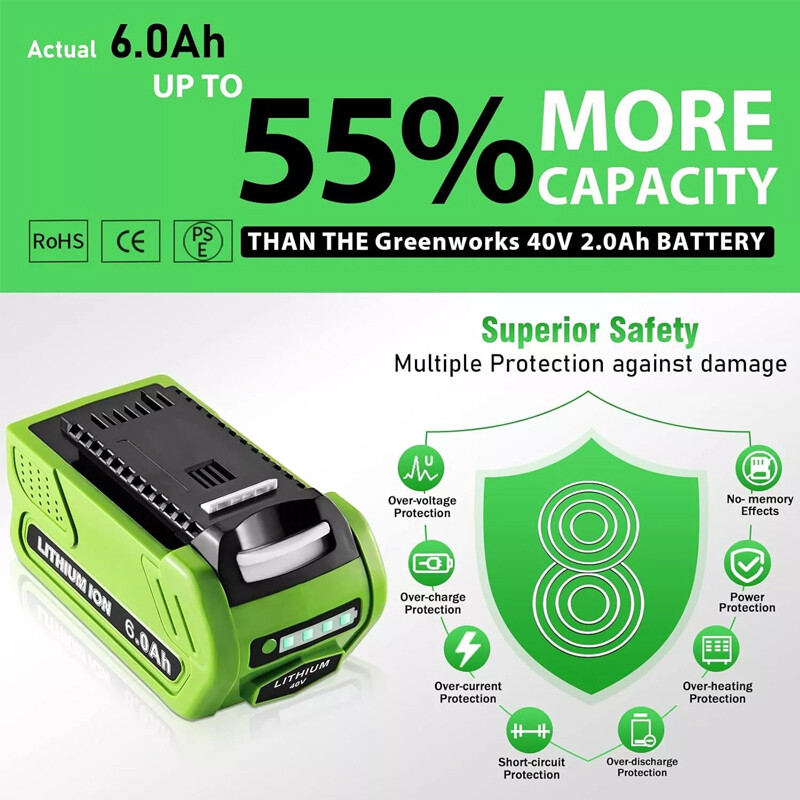 40V 5Ah For Greenworks G-MAX Lithium Battery 29472 29462 29252 20202 40 Volt