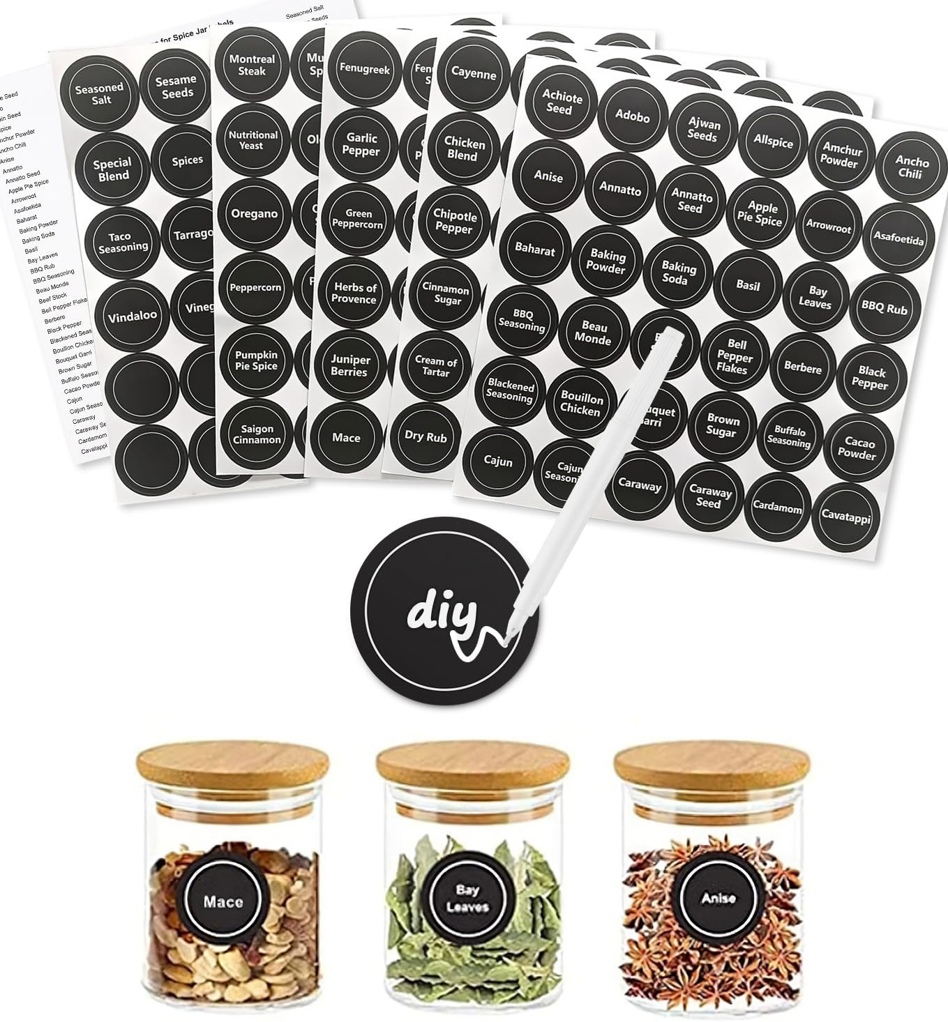 180 Spice Jar Labels – Chalkboard Stickers, Preprinted and Blank – 1.5 in