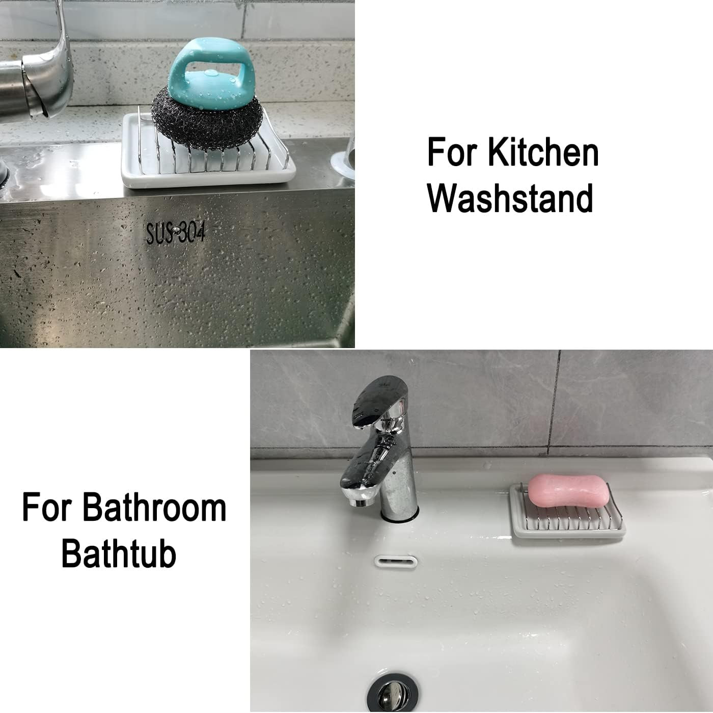 Ceramic Soap Dish with Stainless Steel Drain Tray Self Draining Soap Holder Spon