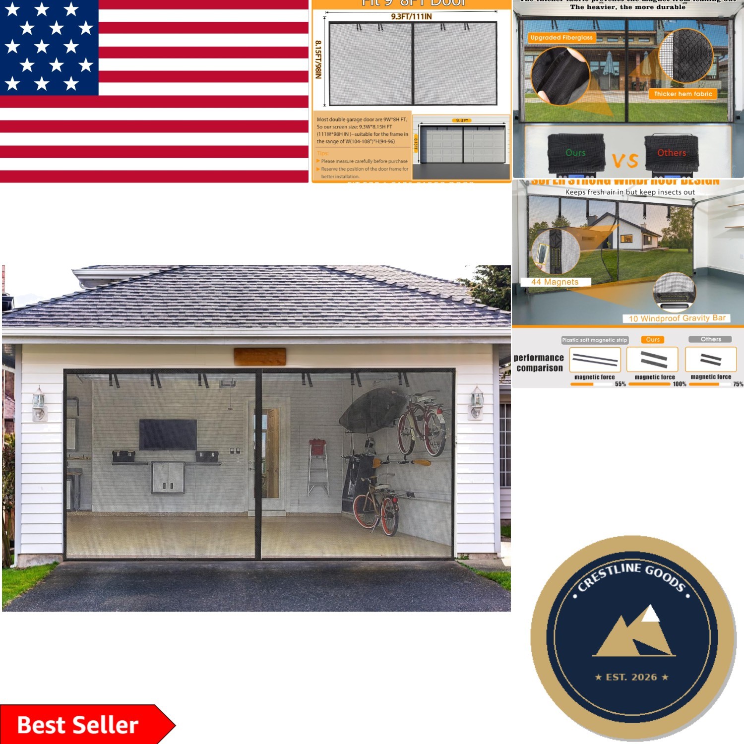 9x8FT Fiberglass Magnetic Garage Screen Door – Durable & Hands-Free Access