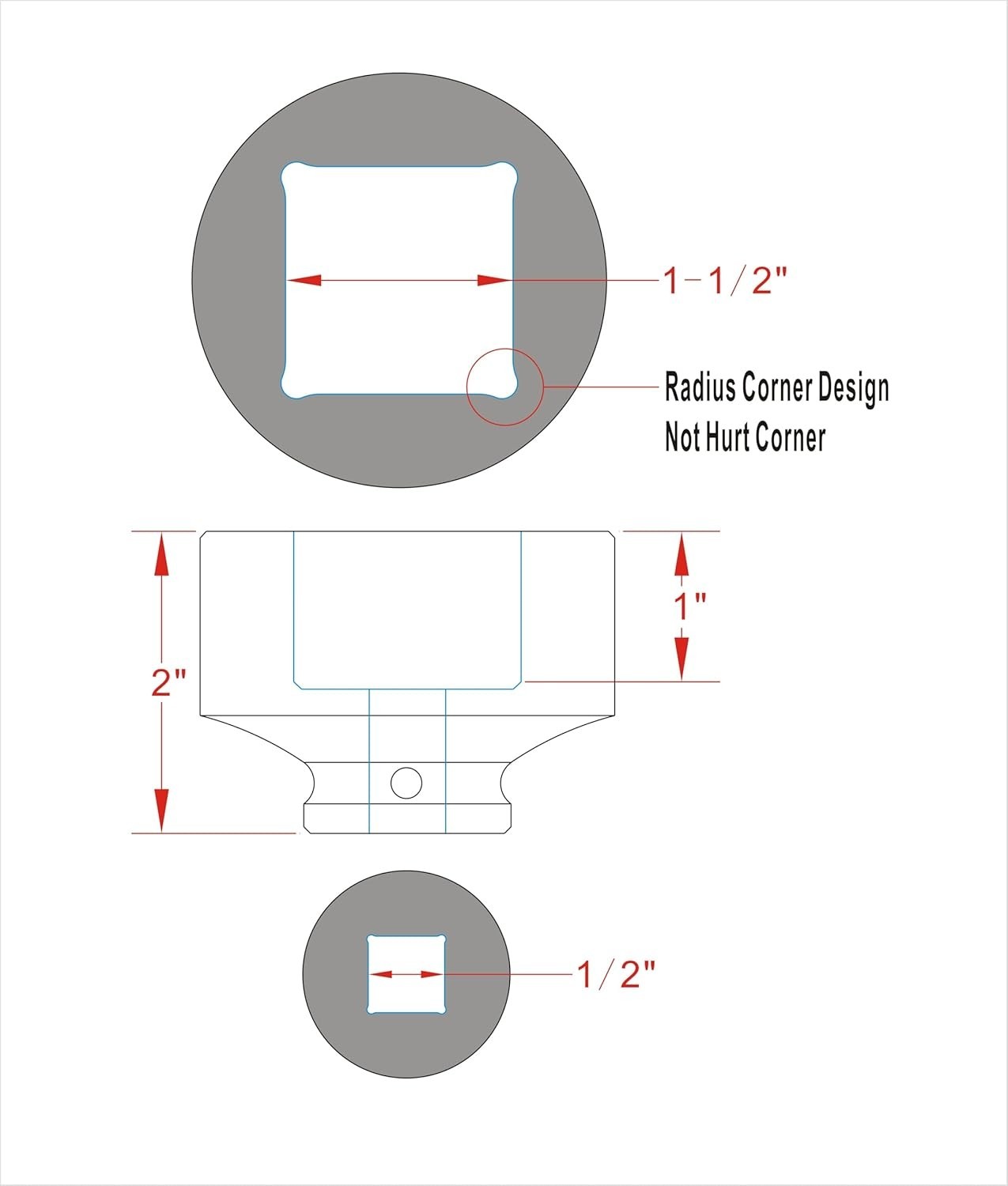 1/2″ Drive 1-1/2″, 4-Point Square Impact Socket, Heat Treated Cr-Mo Alloy Steel