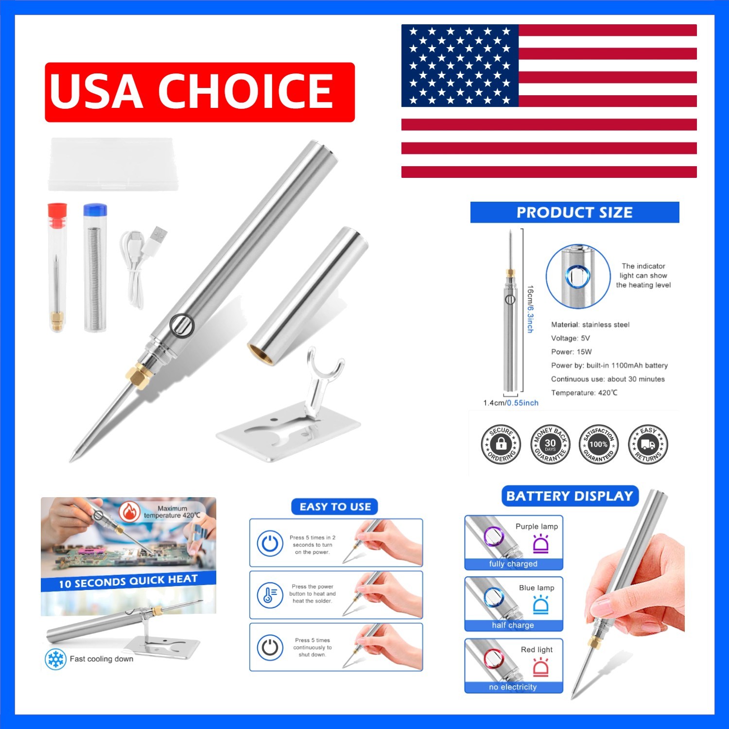 USB Rechargeable Portable Soldering Iron Kit, 1100mah 5V 15W Rapid Heat 788°F…