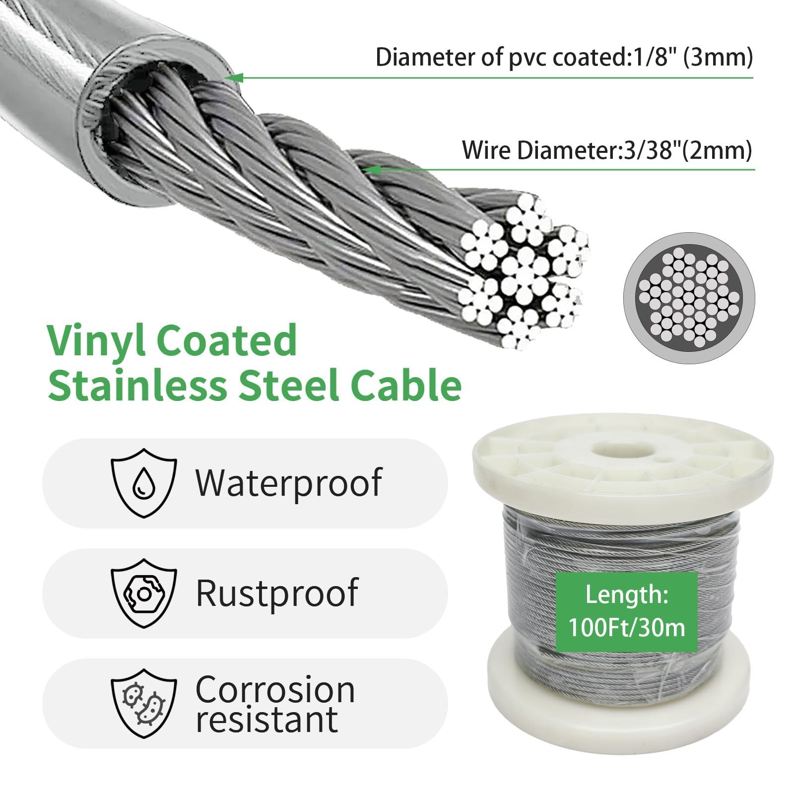 1/8″ Wire Cable Rope Kit ，Vinyl Coated 304 Stainless Steel Wire – 1