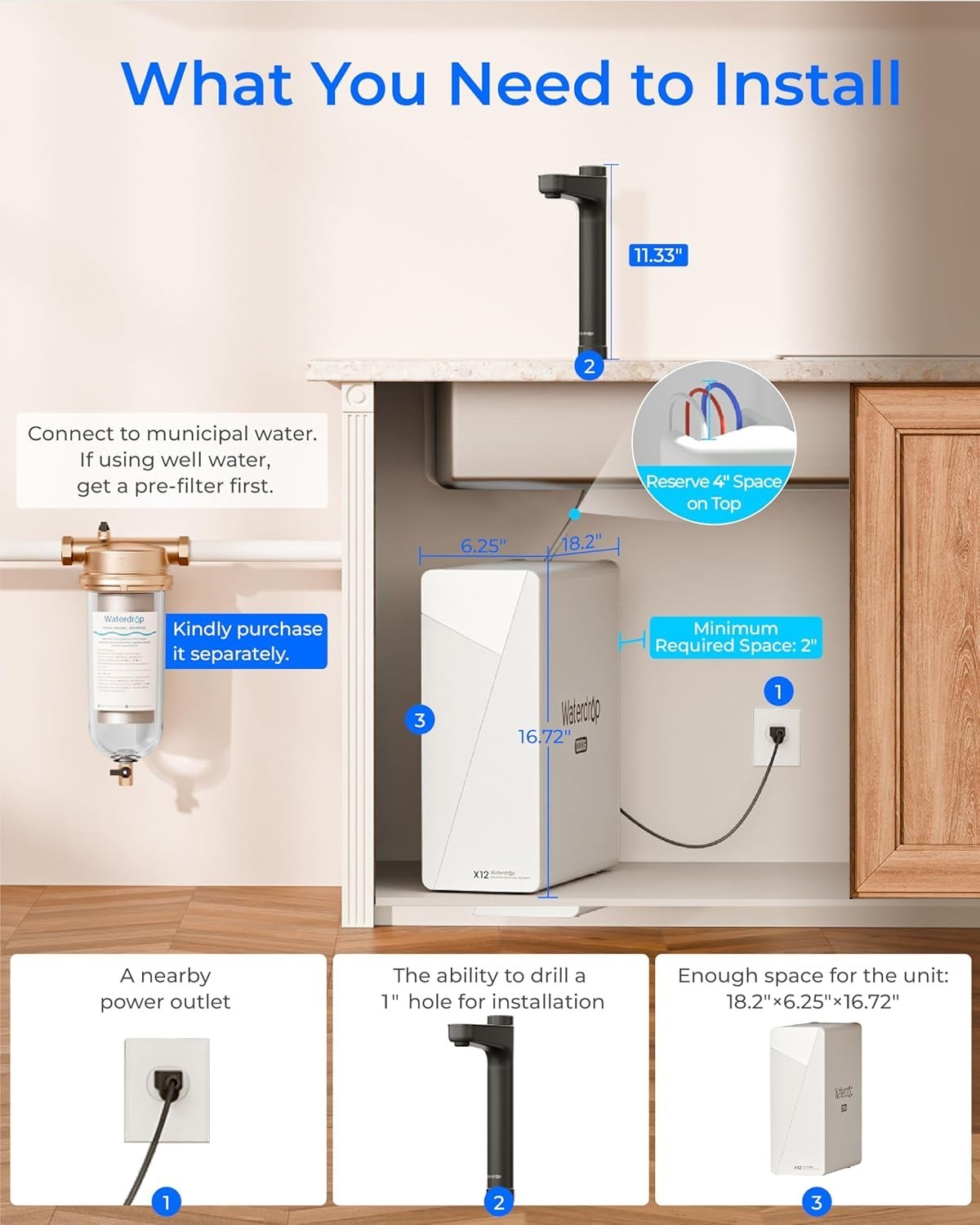 Waterdrop X12 Alkaline Mineral pH+ Reverse Osmosis System,1200 GPD Fast Flow RO