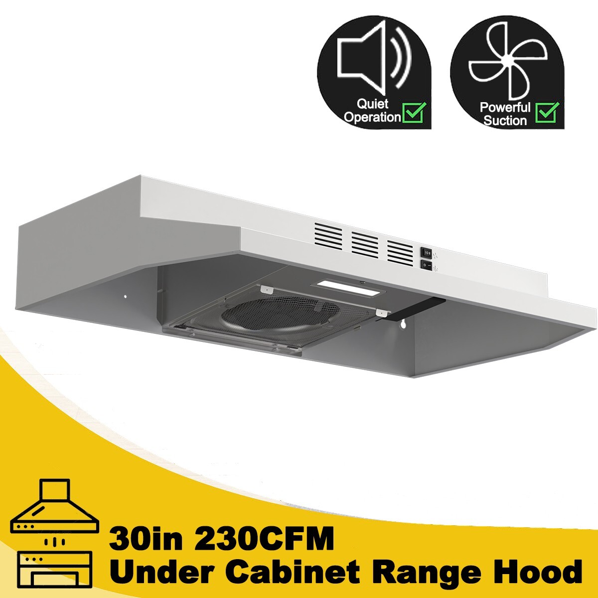 Under Cabinet Range Hood 30in Convertible Kitchen Cook Fan 230CFM White w/LED