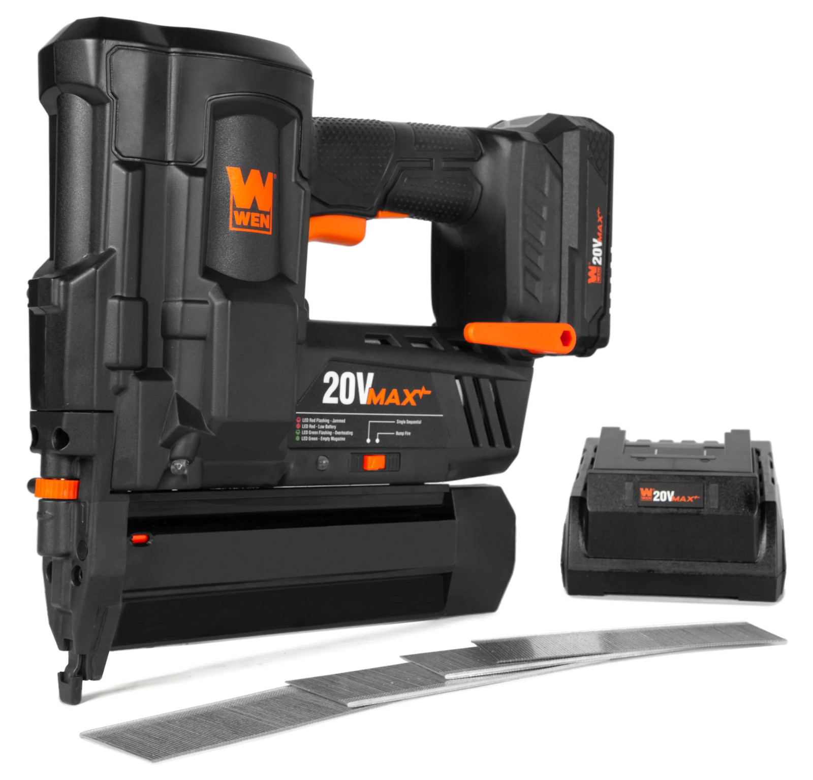 WEN 20512 20V Max Cordless 18-Gauge Brad Nailer Kit 2.0Ah Battery Charger