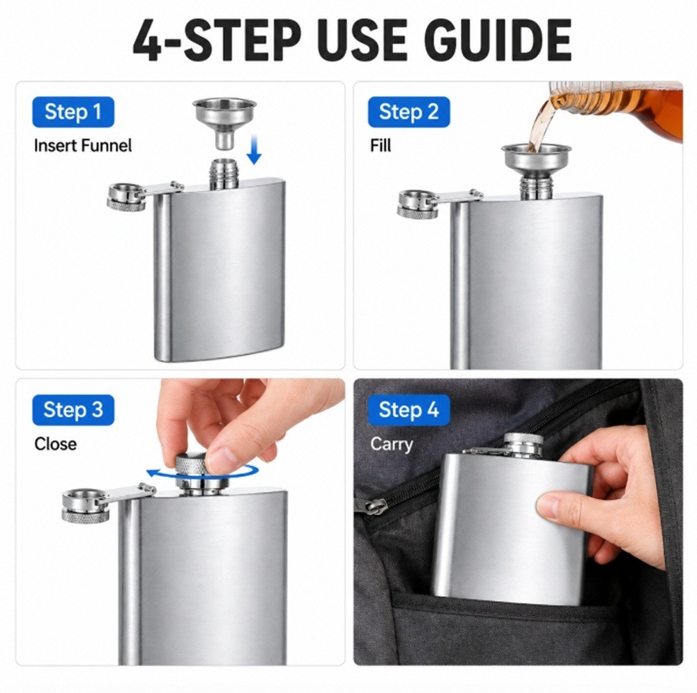 Stainless Steel Pocket Hip Flask -6 8 10 oz Liquor Flask with Screw Cap & Funnel