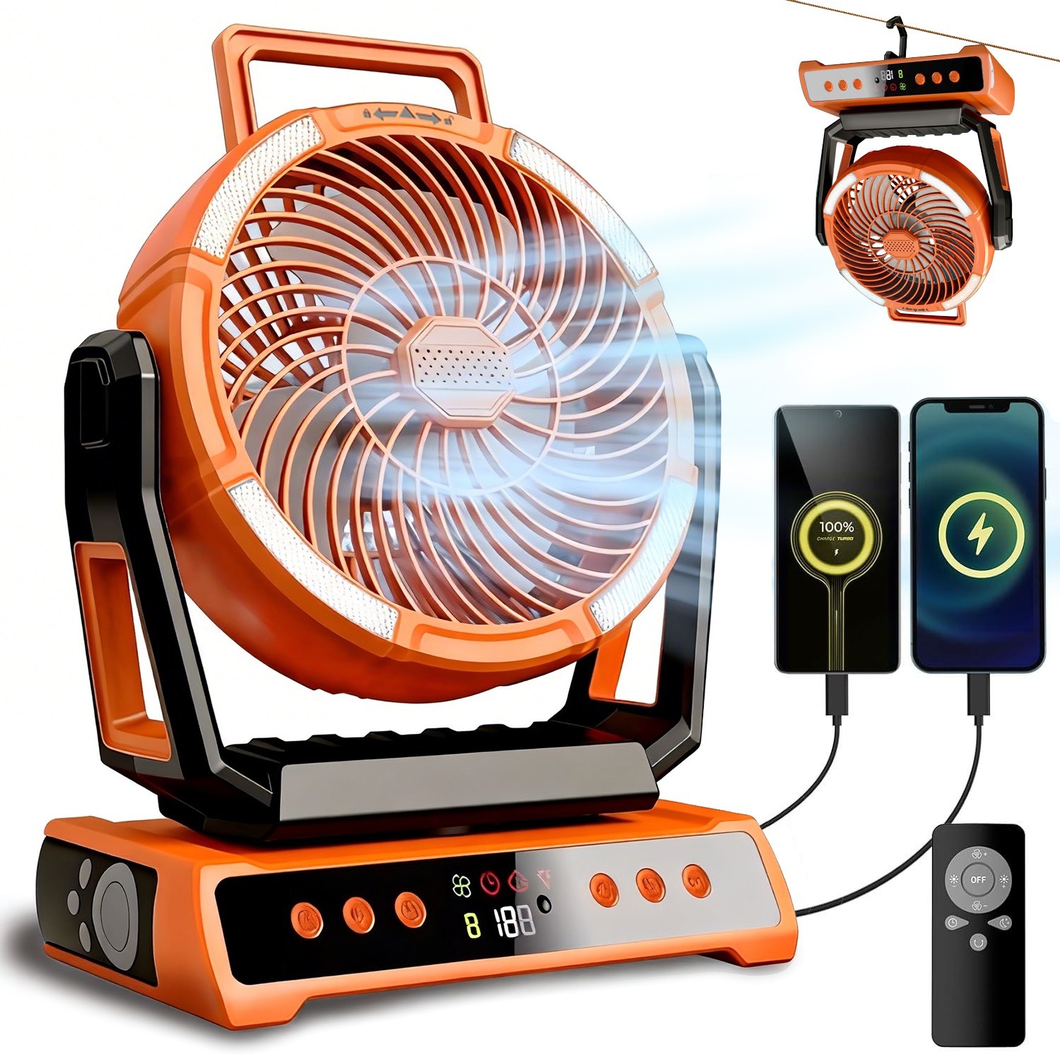 Camping Fan 20000mAh 58Hrs Rechargeable Portable Fan Remote LED Lights &4 Speeds