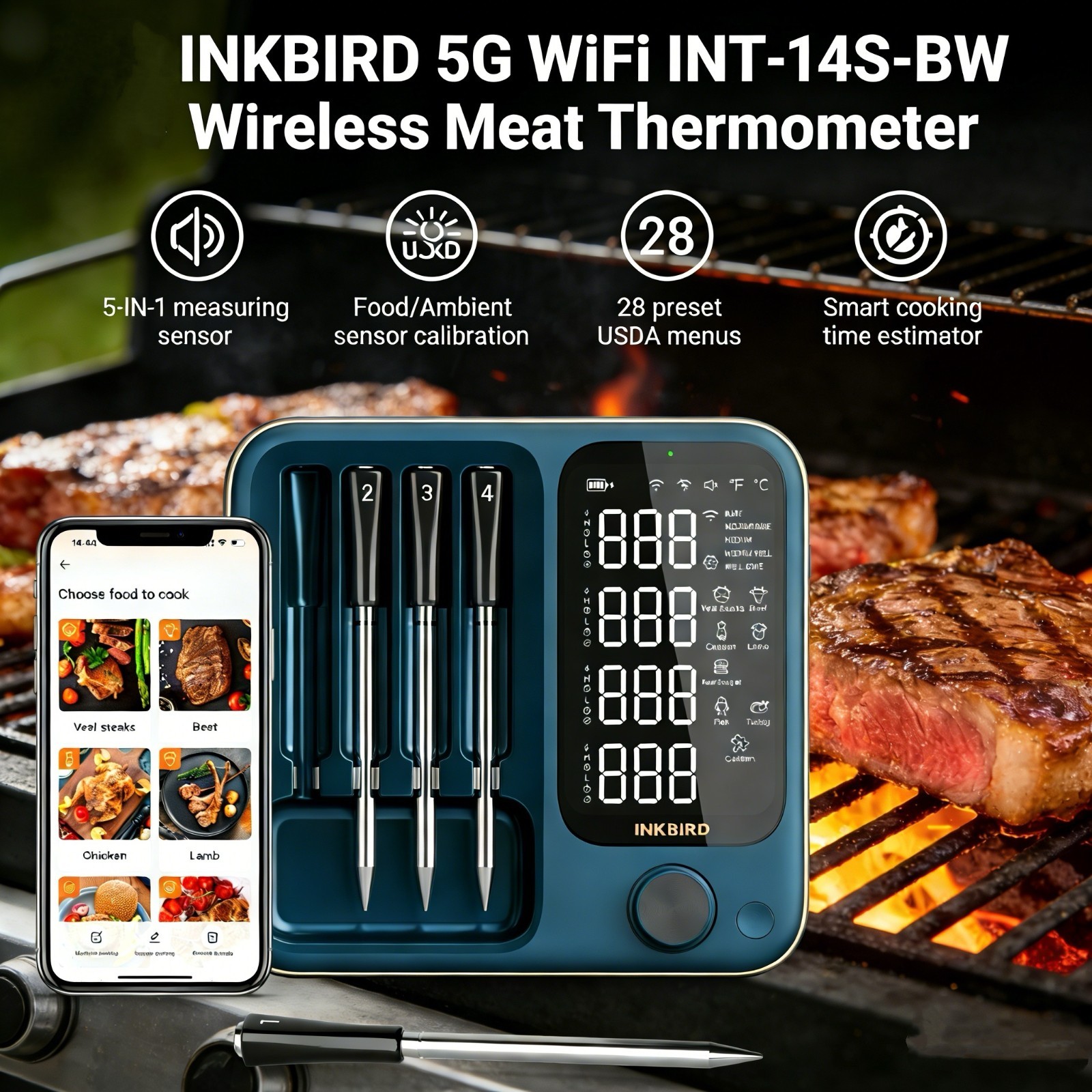 INKBIRD Wireless Meat Thermometer 5G WiFi Remote Food/Ambient Sensor Calibration