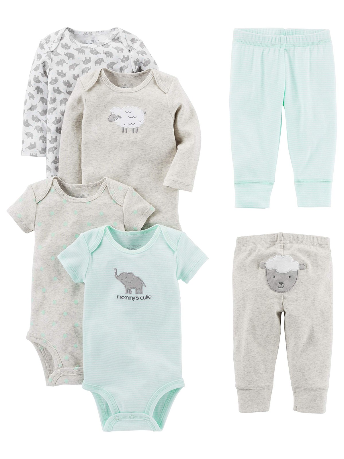 Simple Joys Kid’s 6 piece Little Character sets Sleepwear, Grey Lamb, 0-3 Months