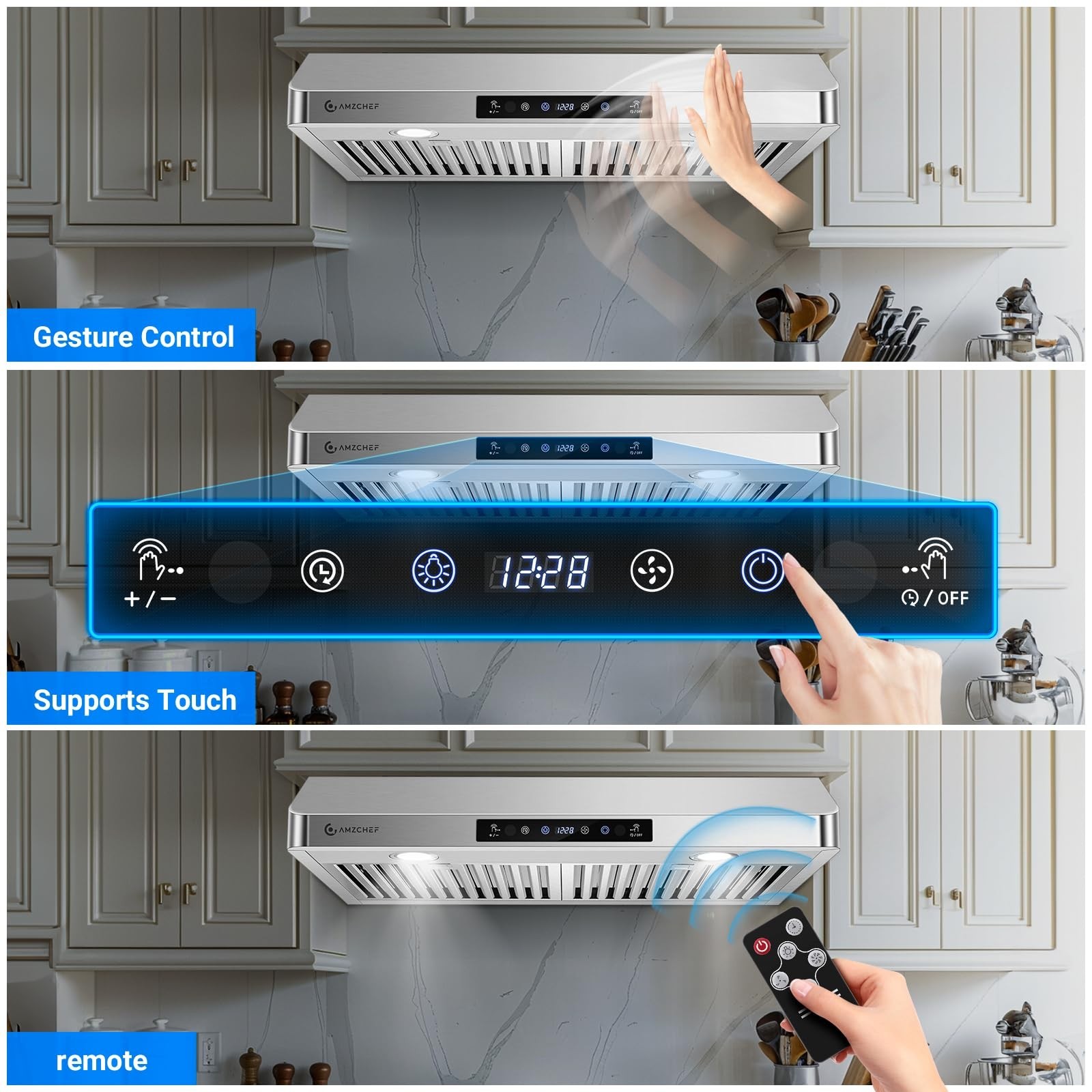 AMZCHEF 30in Under Cabinet Range Hood 750CFM Stainless Steel 3 Speed LED