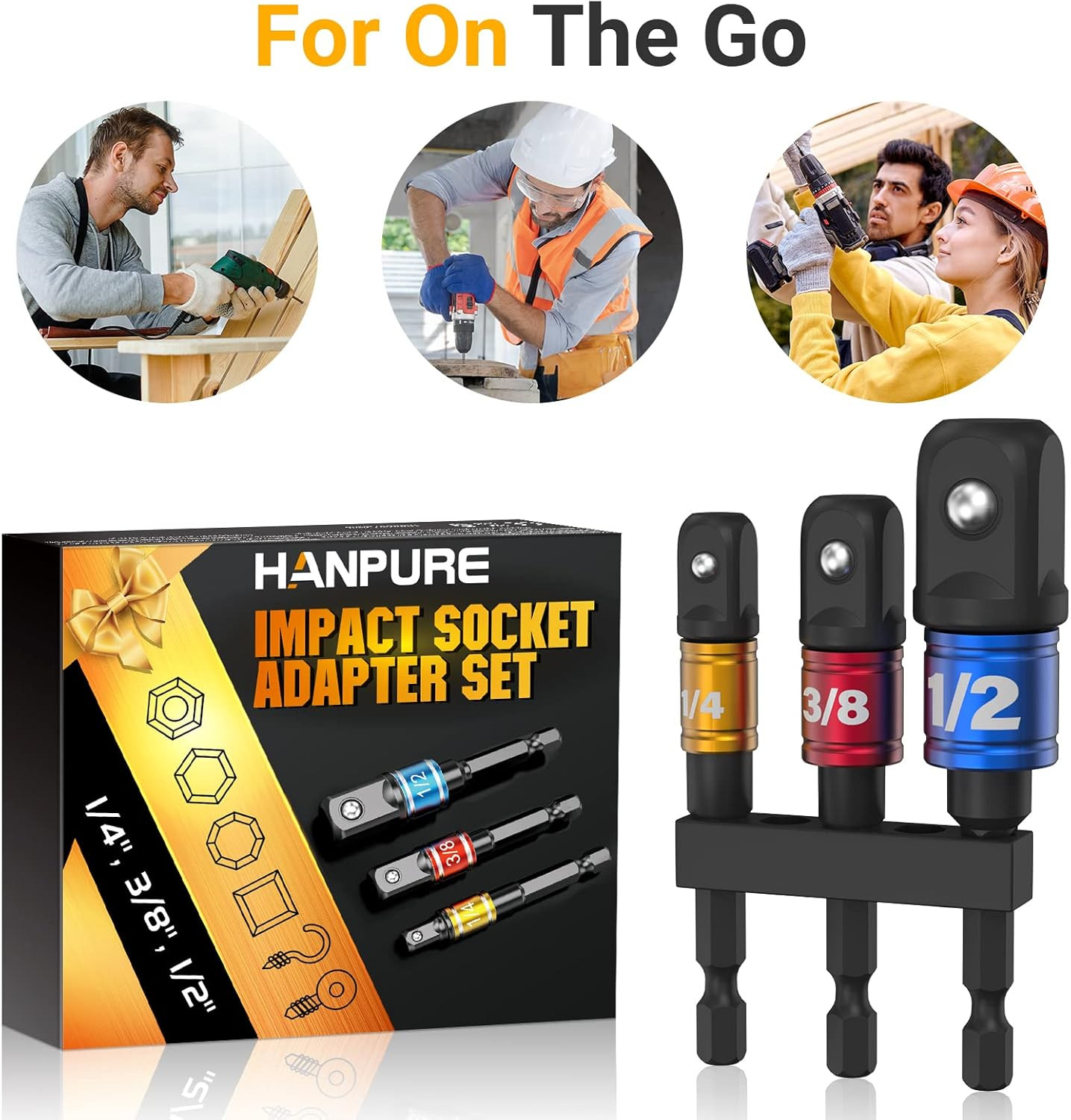 Impact Socket Adapter Set for Drill – Tools for Men Gadgets 1/4″ 3/8″ 1/2″ Impac
