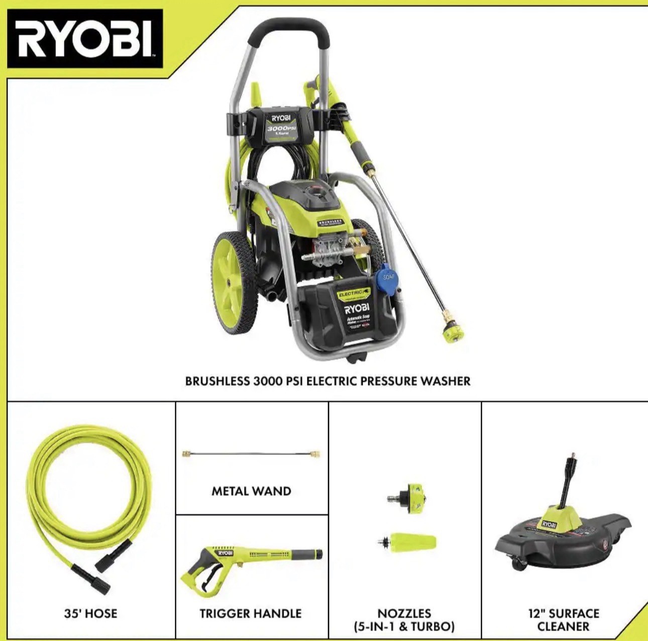 RYOBI RY143011 Brushless 3000 PSI Corded Pressure Washer w/ Surface Cleaner