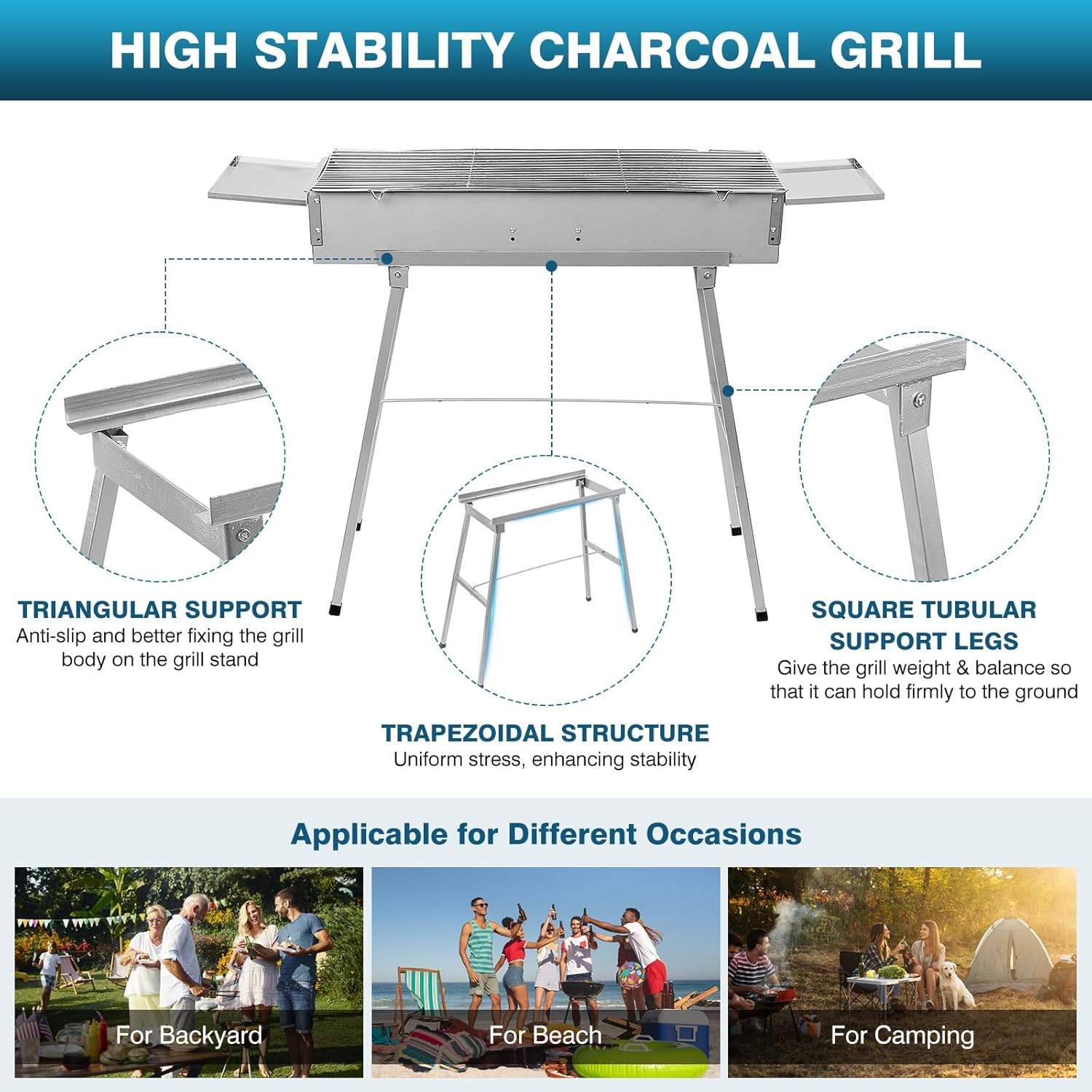 Portable Charcoal Grill Outdoor Cooking, 32”L X 10”W Folded Camping Barbecue Gri