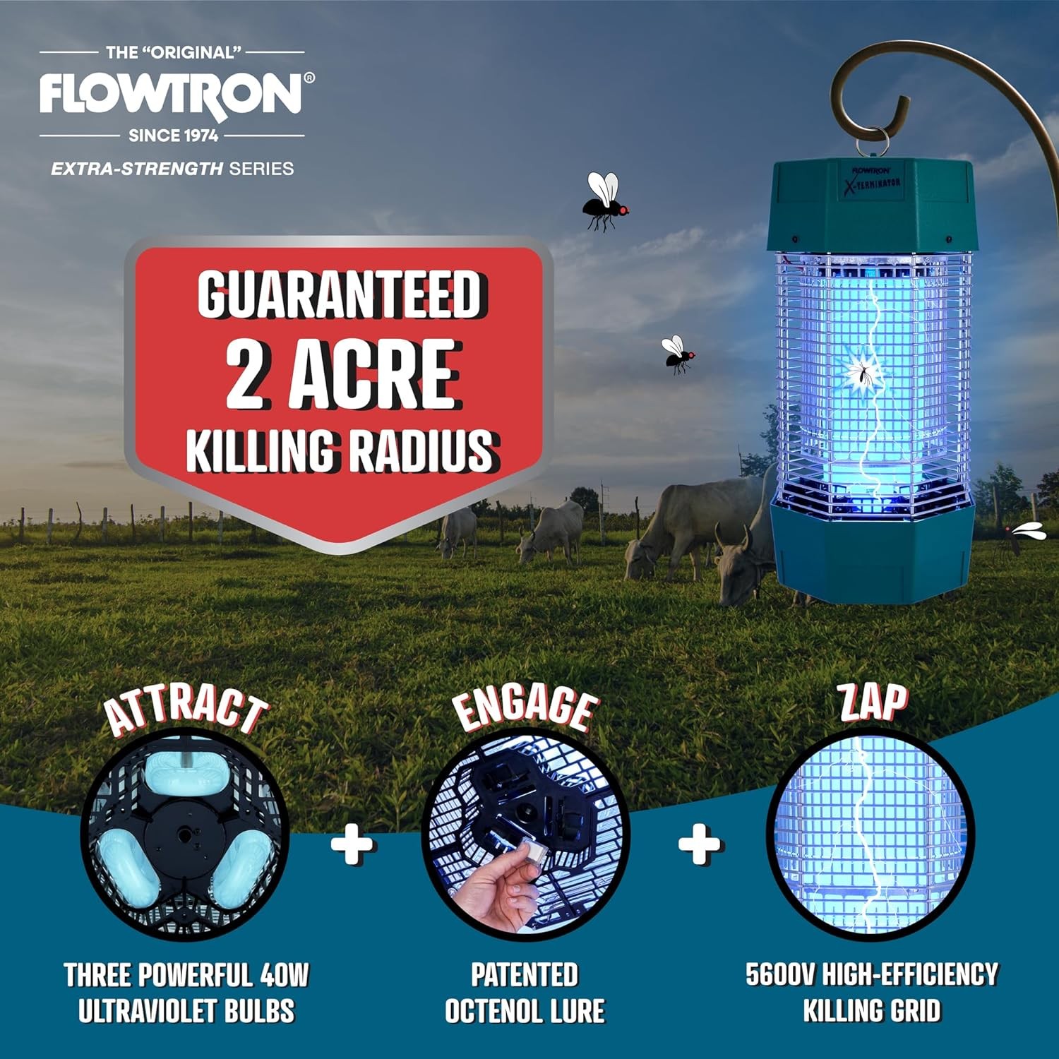 Flowtron 2 Acres Electric Bug Zapper, 120W Outdoor Bug Zapper w/UV Light & More