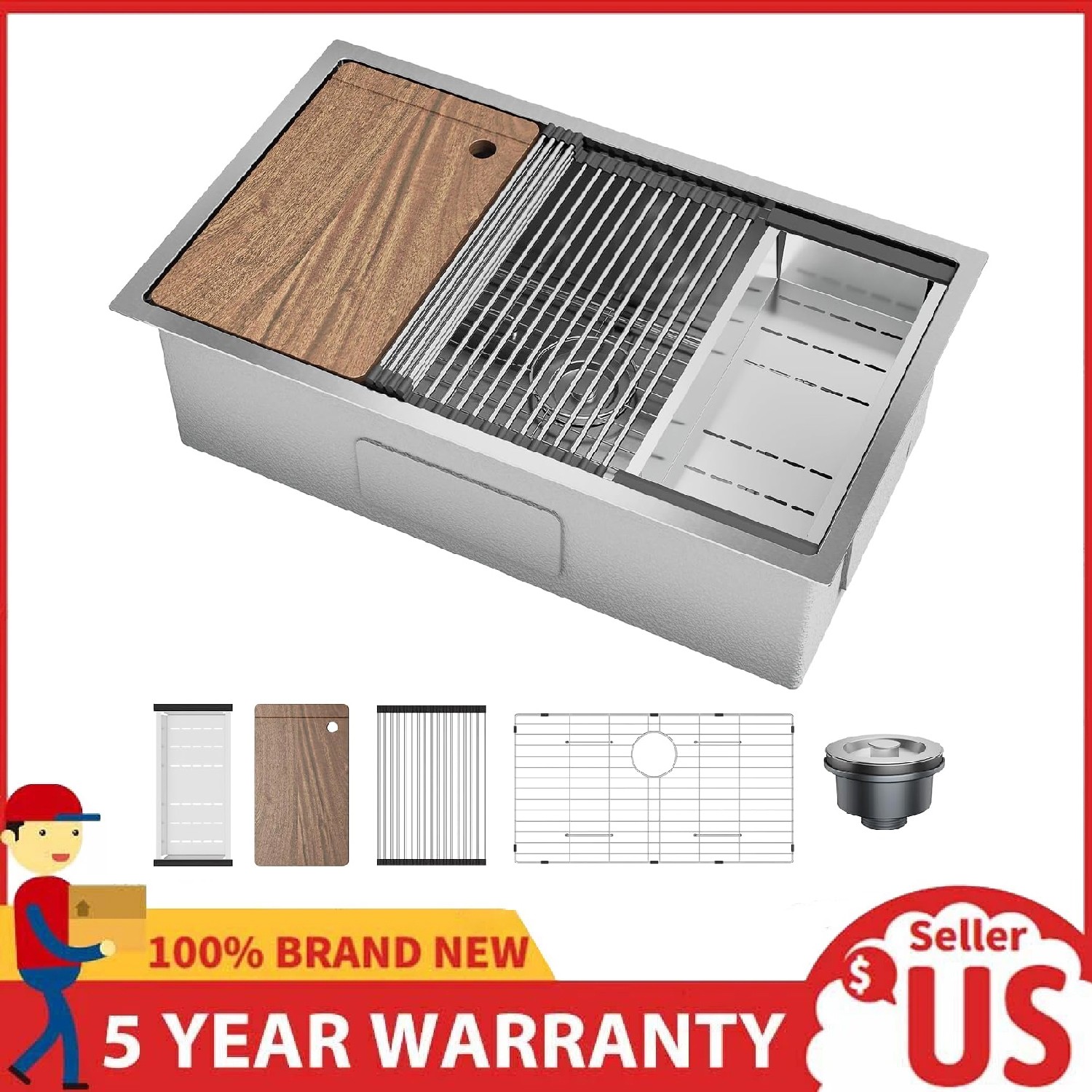 Undermount Kitchen Sink ,32x19x10″ Stainless Steel Single Bowl Sink Workstation