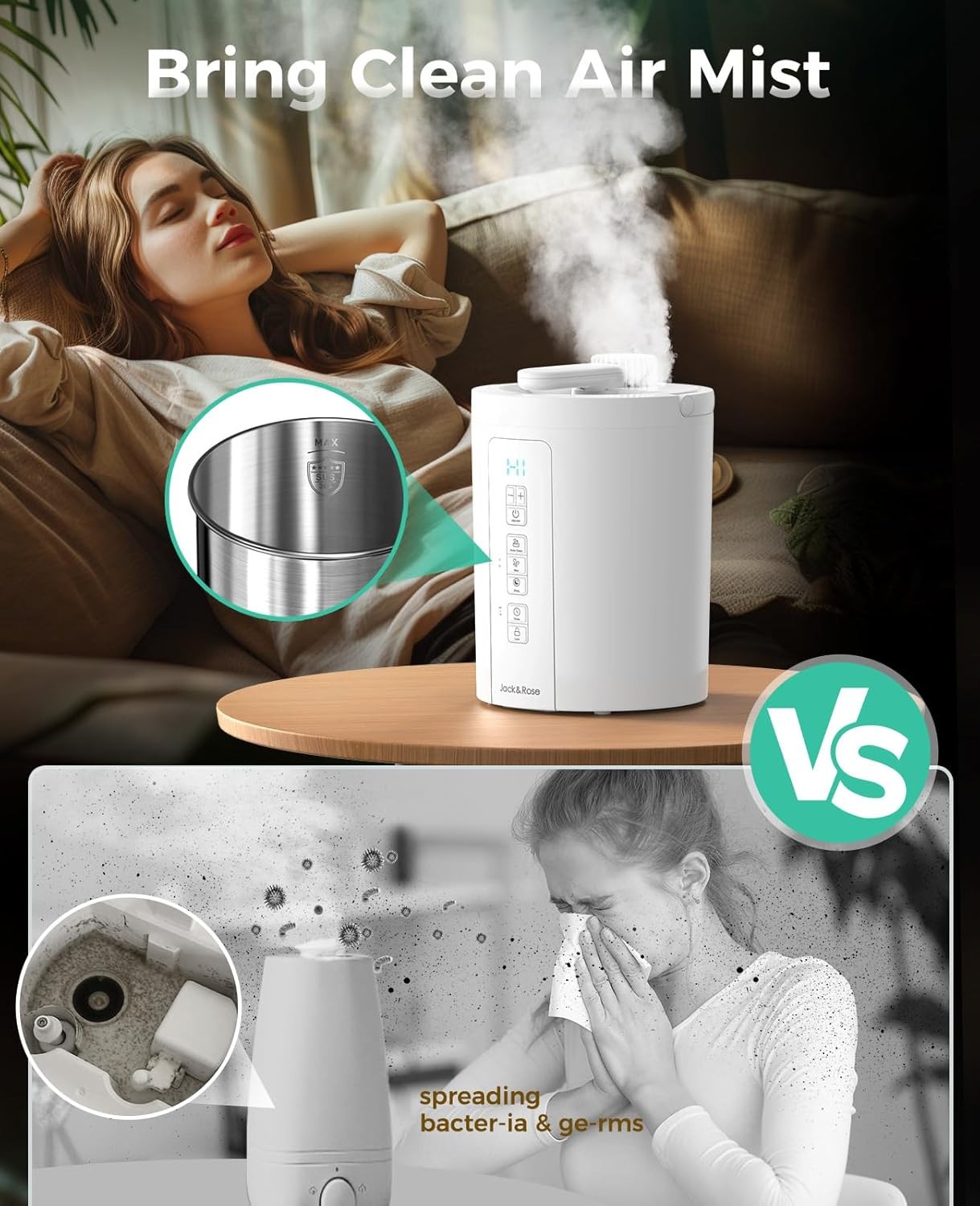 Jack & Rose Warm Mist Humidifier Any Room 3L/100oz Stainless Steel EH30UA