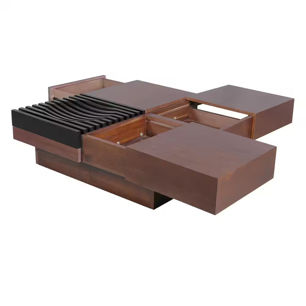 Retro 35 In. Brown and Black Square Acacia Wood Coffee Table with Storage