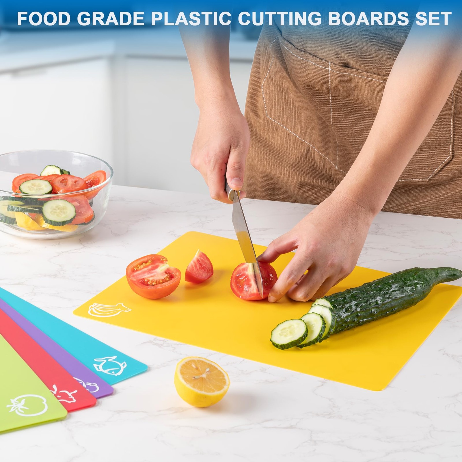 5 Pieces Flexible Plastic Cutting Board Mats with Food Icons, BPA Free Cutting–
