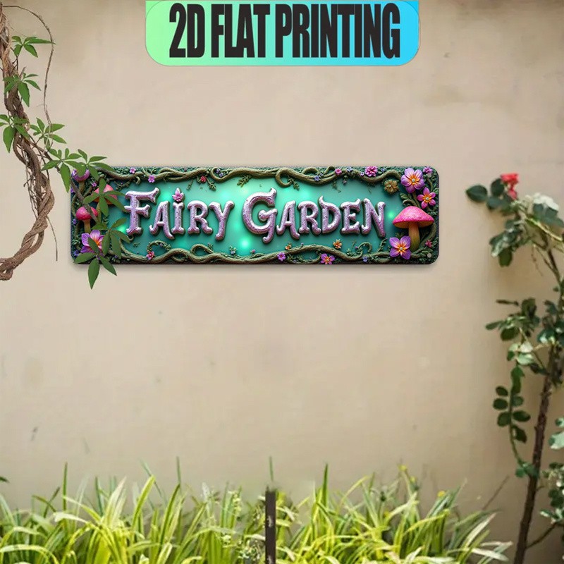 Fairy Garden Mushroom Floral Metal Sign Enchanted Green Wall Art Decor Plaque