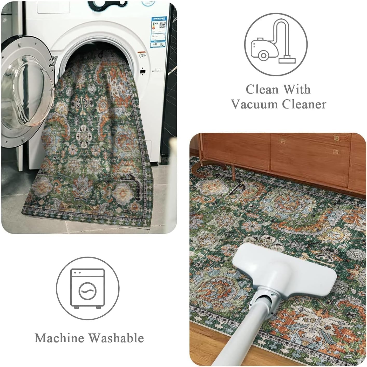 Durable Washable Area Rug 3′ x 5′ – Non-Slip & Vintage Elegance for Any Room