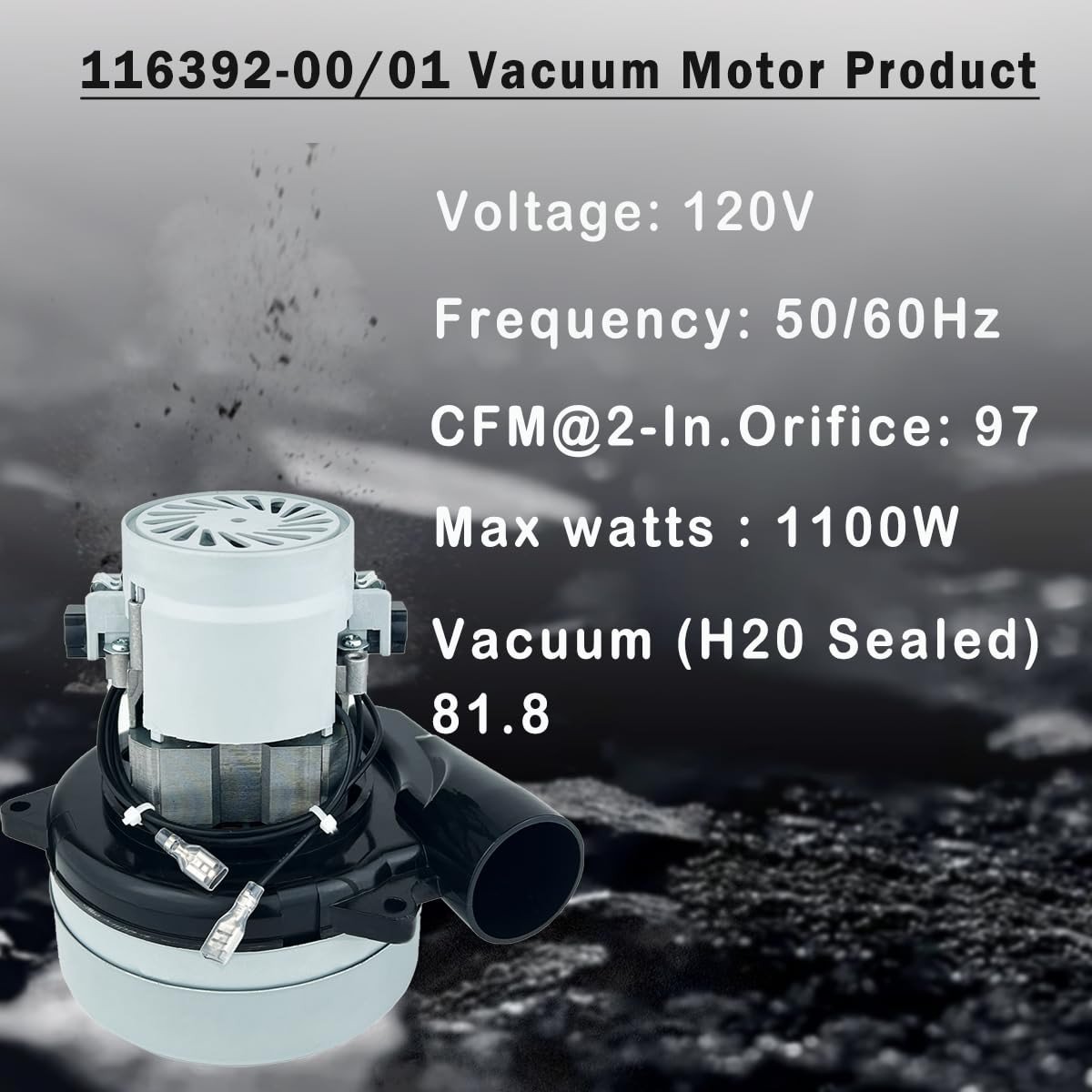 116392-00/01 Central Vacuum Motor, 120V/ 2 Stage/1100W/97Cfm/5.7 Inch, Replaceme