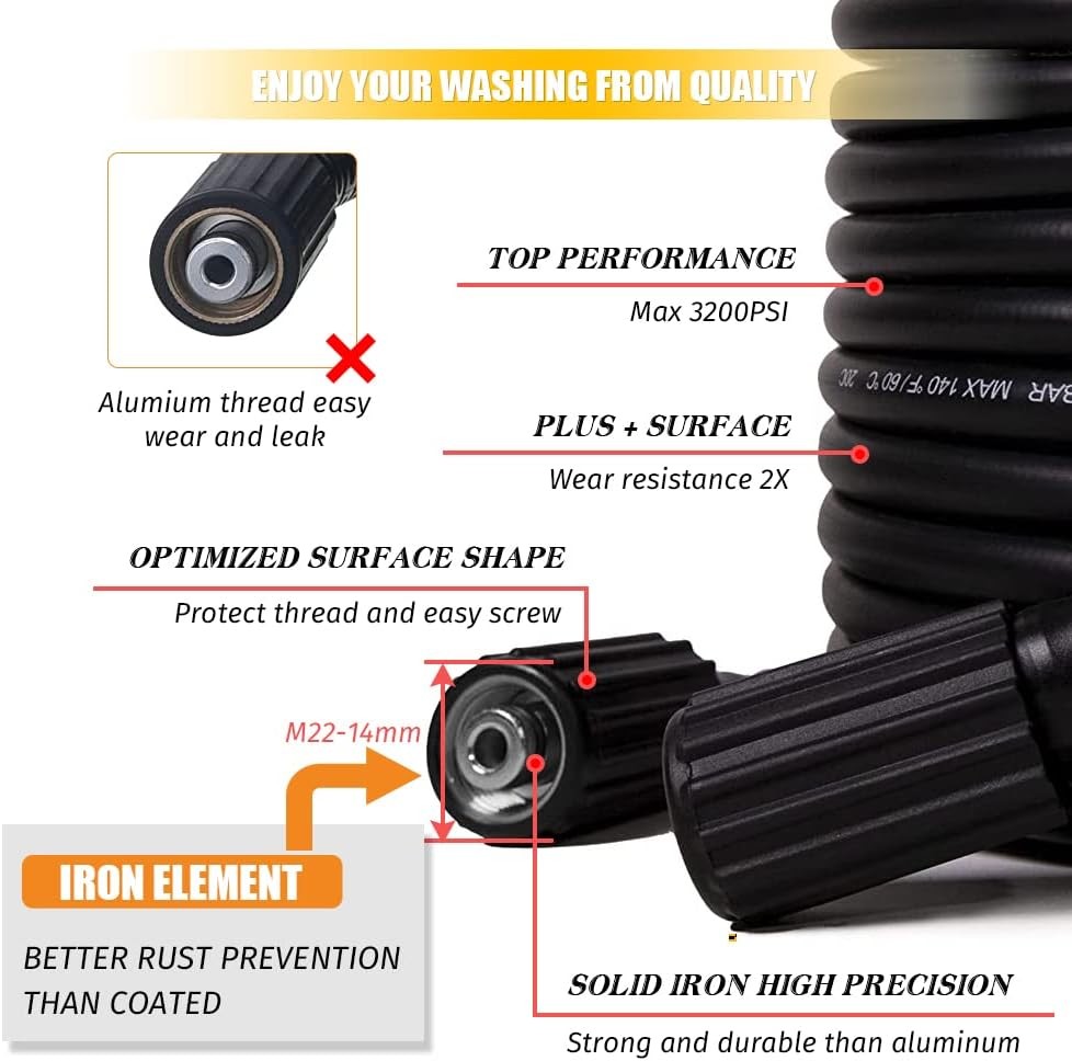 30/50/66ft Pressure Washer Hose 3200 PSI Power Washer Replacement Hose M22-14mm