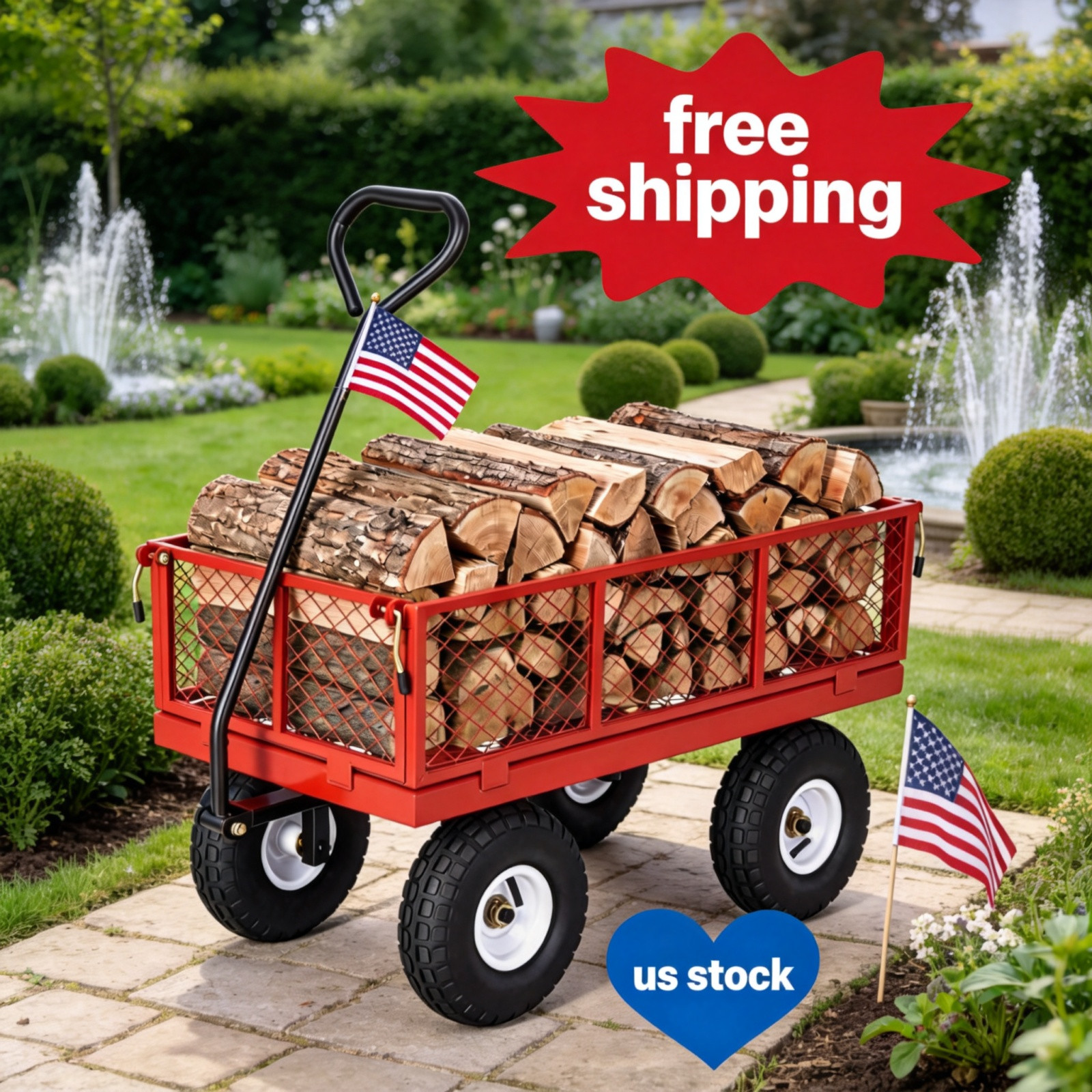 400 LBS Capacity Steel Utility Wagon with 10″ All-Terrain RED Cart, Garden
