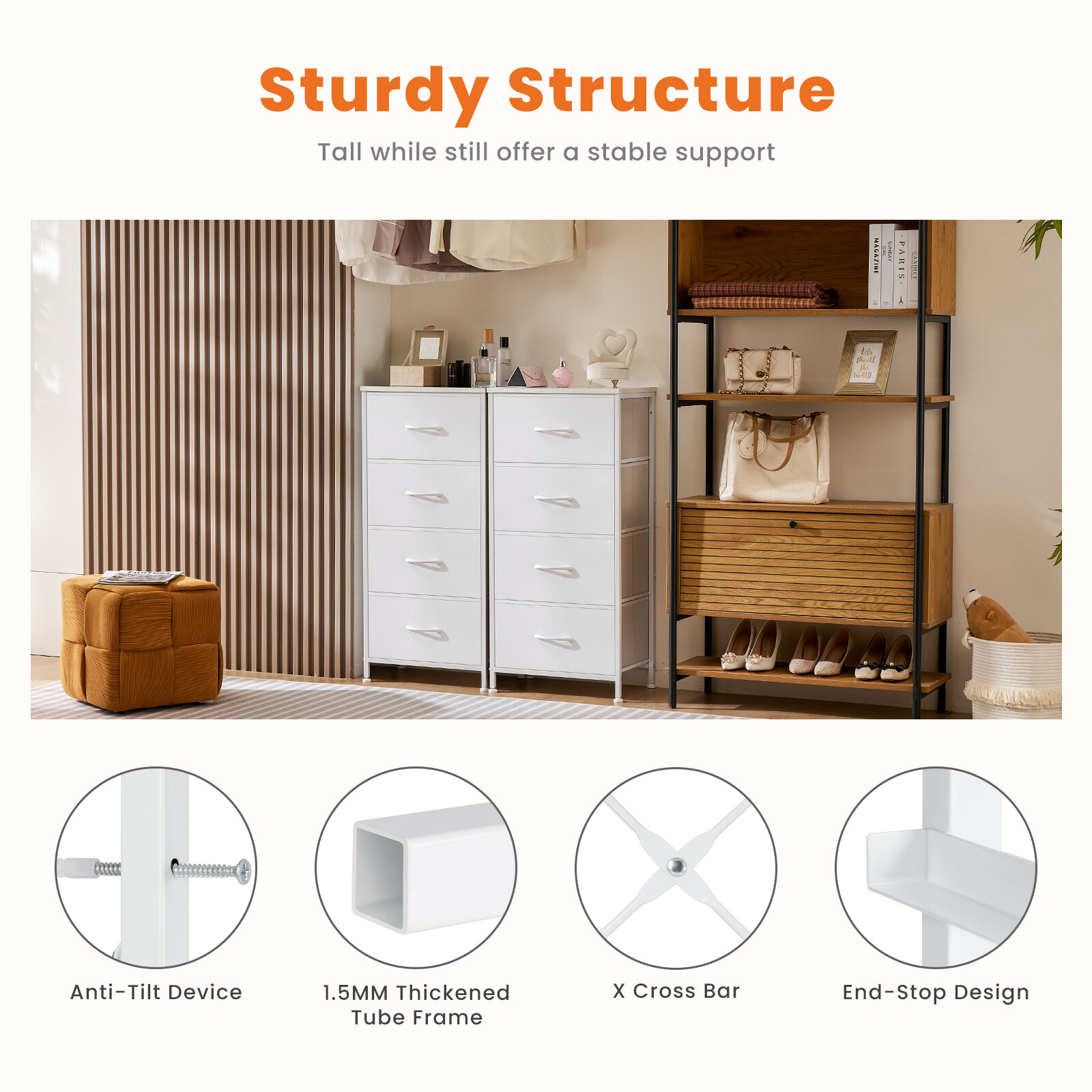 Skinny 4-Drawer Dresser – Fabric Storage Tower, Chest of Drawers for Bedroom