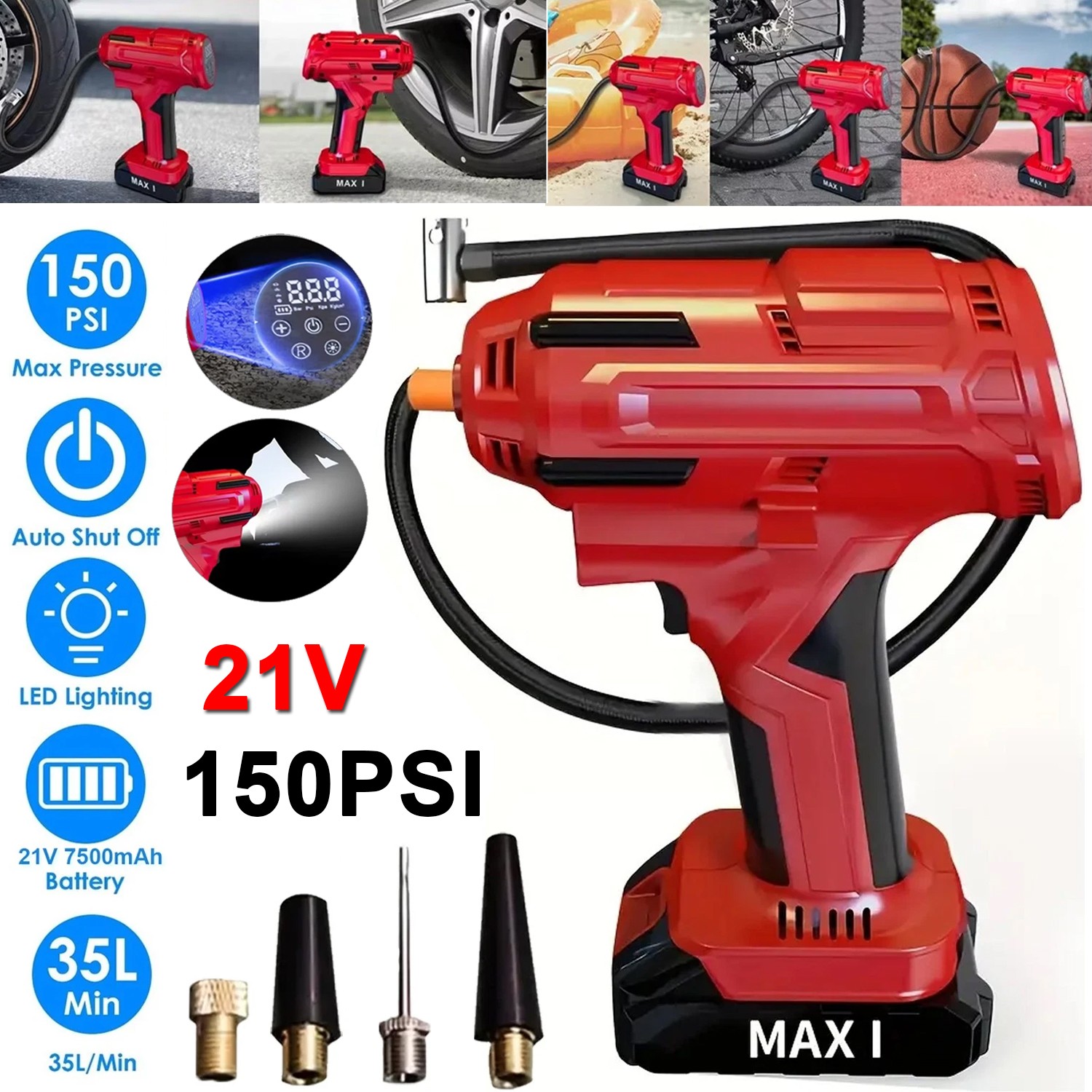 150PSI Cordless Tire Inflator Portable Air Compressor Car Air Tire Pump +Battery
