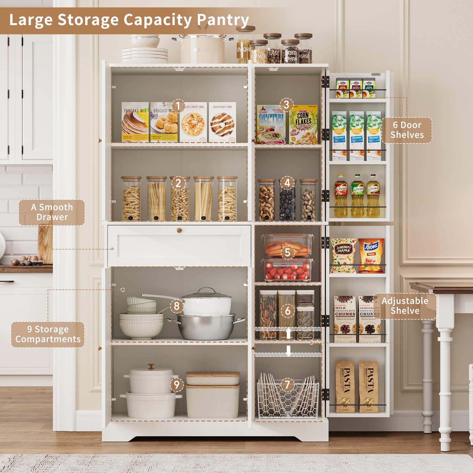 68″ Kitchen Pantry Cabinet, 6-Door Storage Hutch with Drawer & Shelves, White