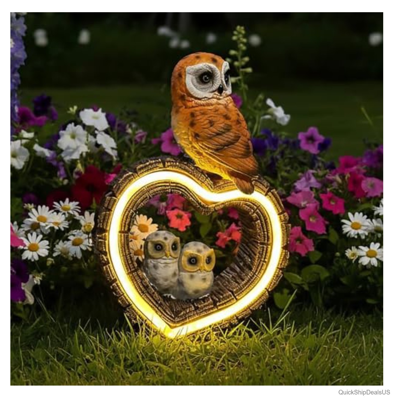 Solar Garden Owl Statue Resin Solar Powered LED Heart Light Outdoor Yard Art